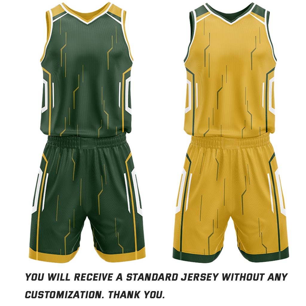 Custom Dark Green & Gold Reversible Circuit Geometric Basketball Jersey Shorts Set | Personalized Team Uniform