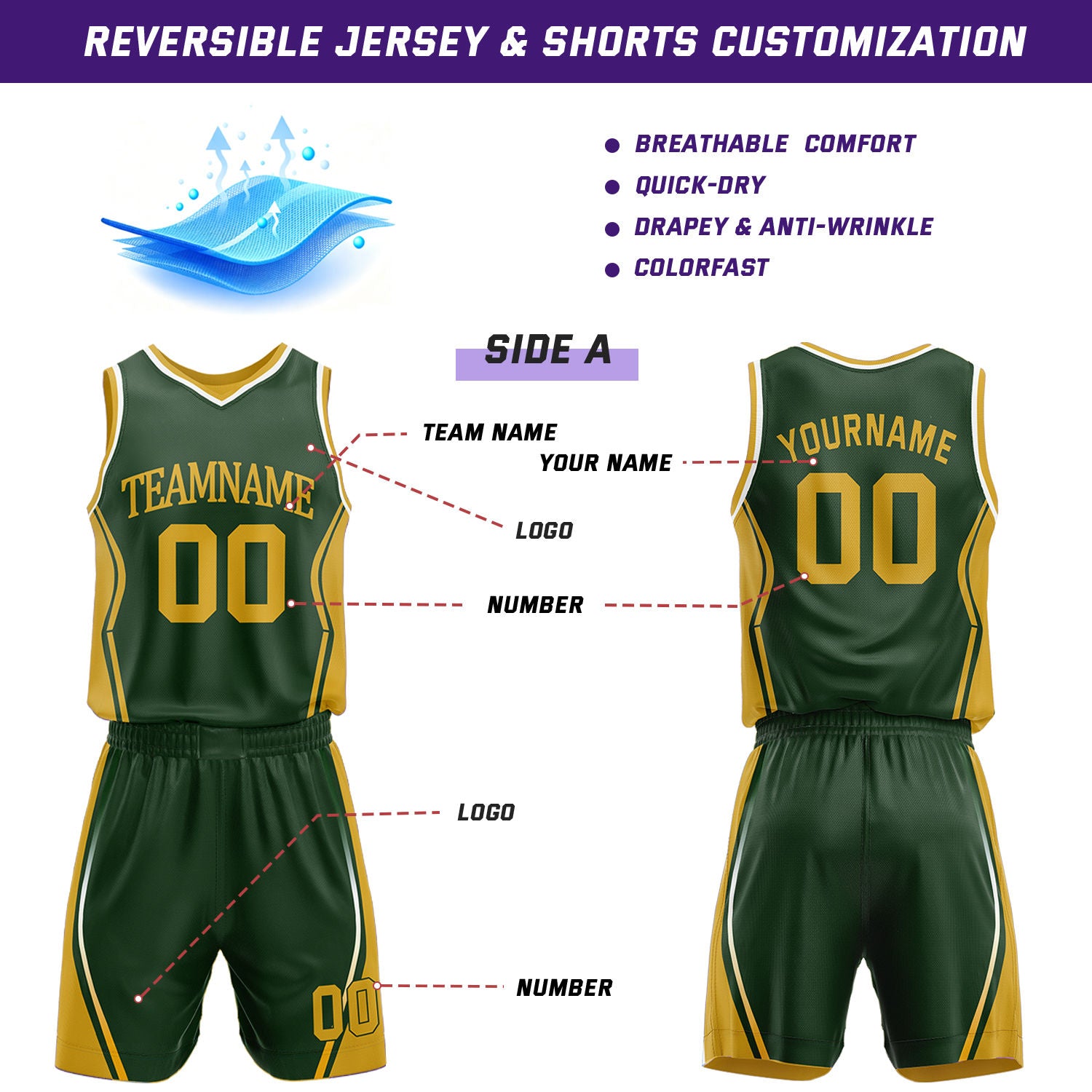 Custom Dark Green & Gold Reversible Geometric Basketball Jersey Shorts Set | Personalized Team Uniform