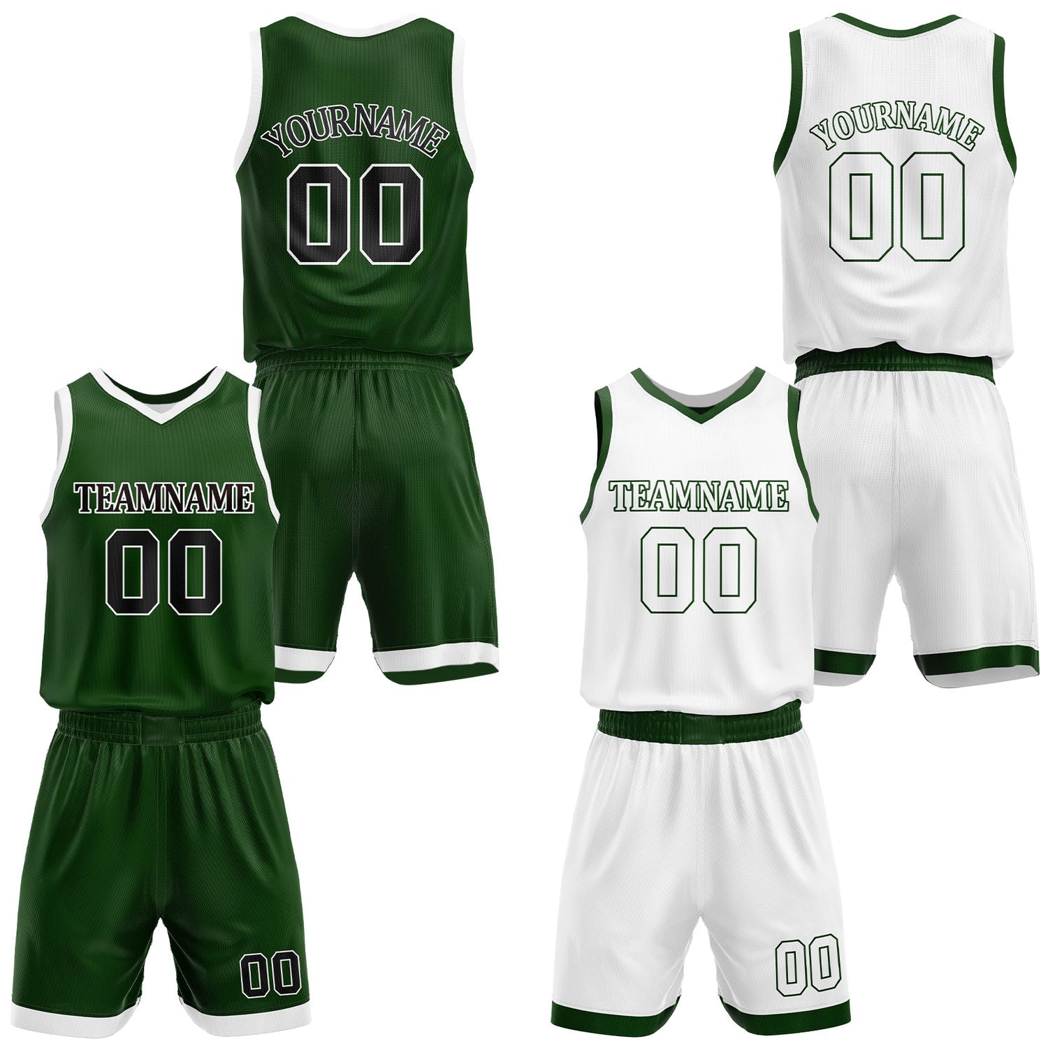 Custom dark green & white reversible basketball jersey shorts set by Vosoli | Personalized team name number casual uniform sportswear