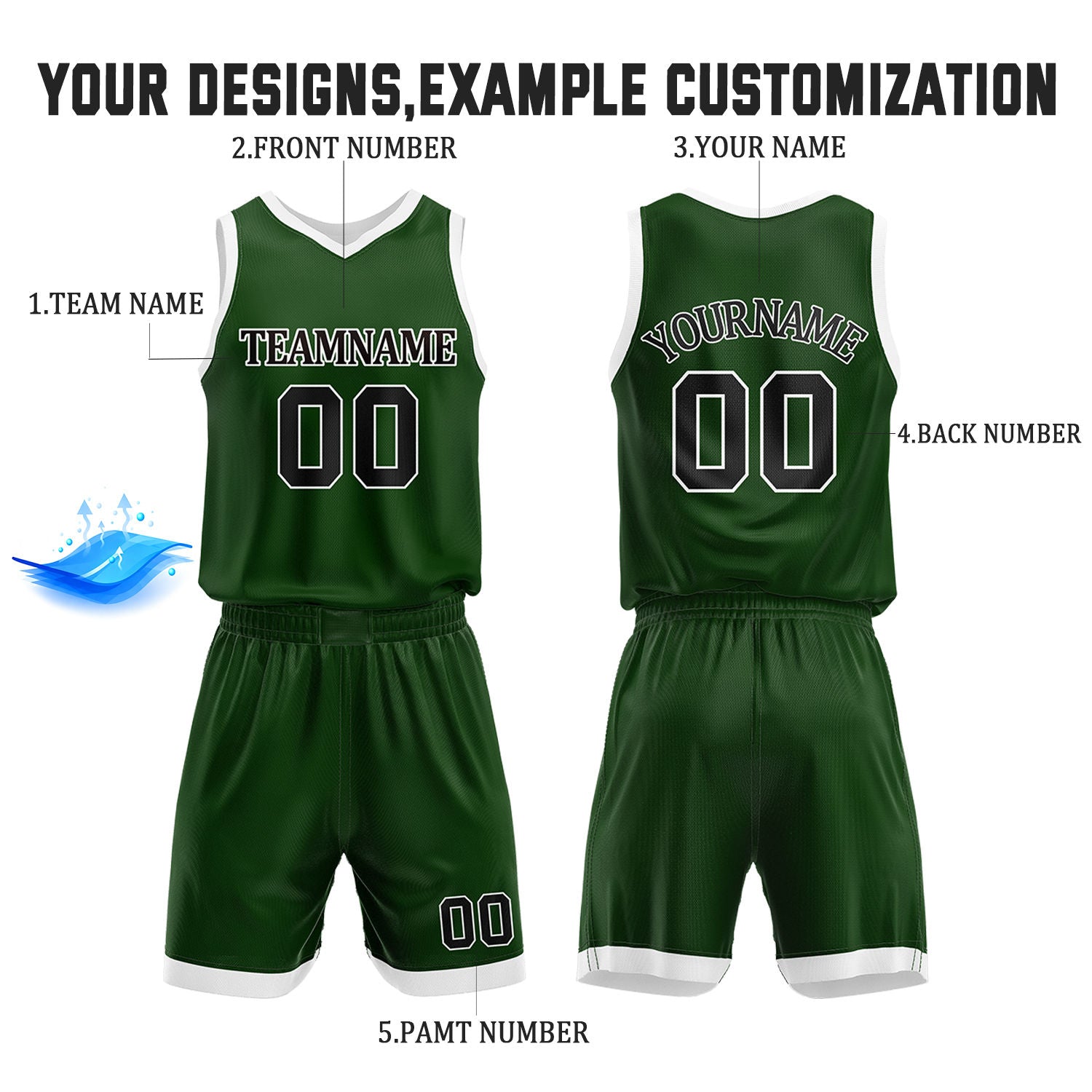 Custom Dark Green & White Reversible Basketball Jersey Shorts Set | Personalized Full Team Uniform