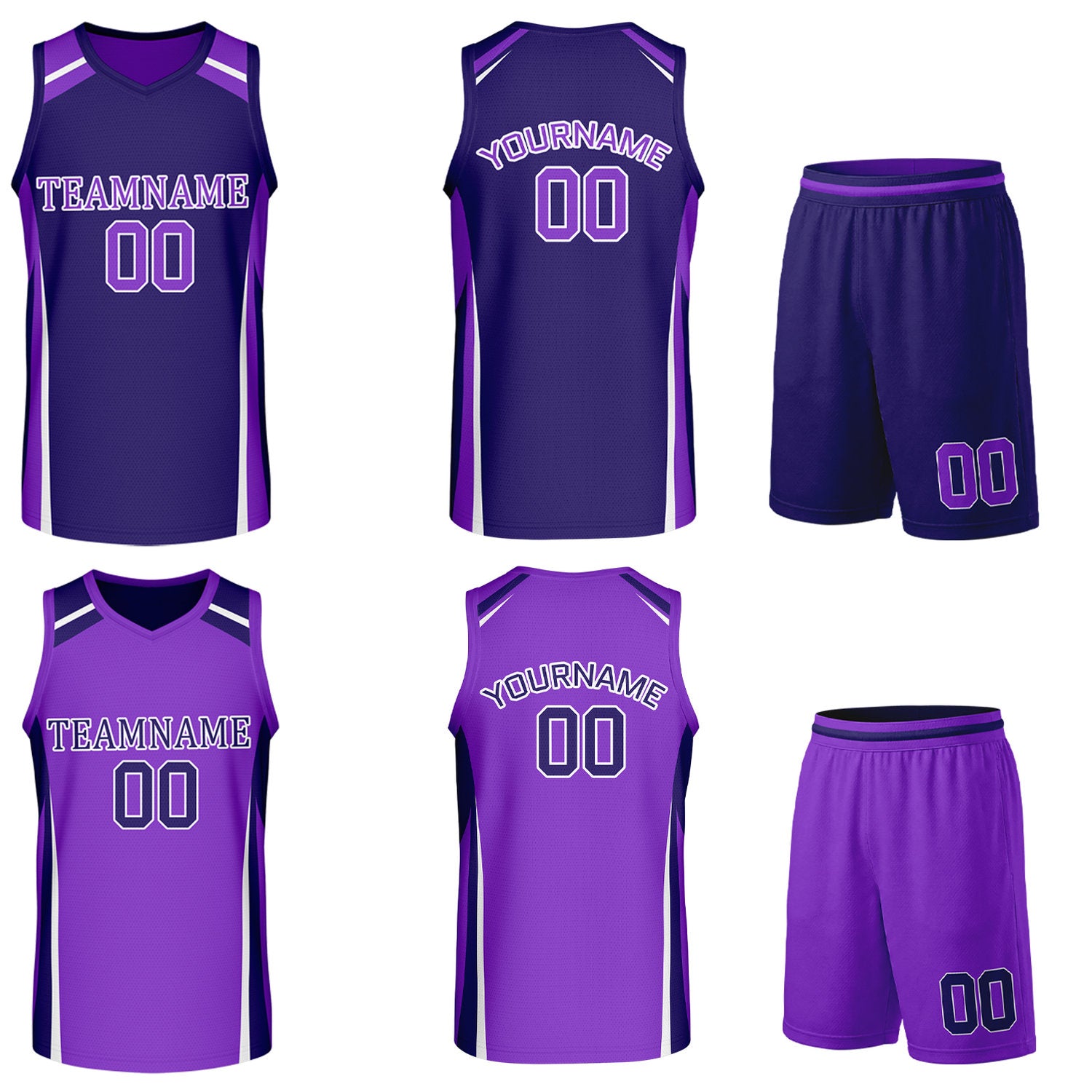 Custom dark purple and bright purple reversible basketball uniform by Vosoli. Personalized with team name, number, and logo. Breathable mesh jersey and shorts for high school, college, and AAU teams.