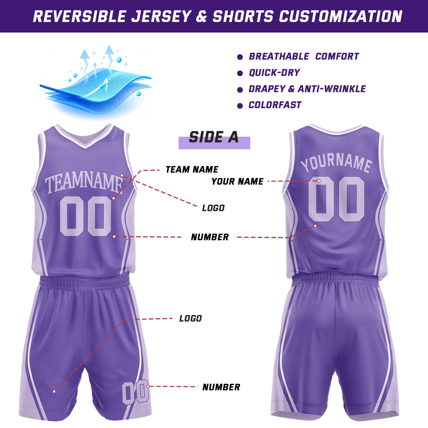 Custom Deep Purple & Lavender Reversible Geometric Basketball Jersey Shorts Set | Personalized Team Uniform