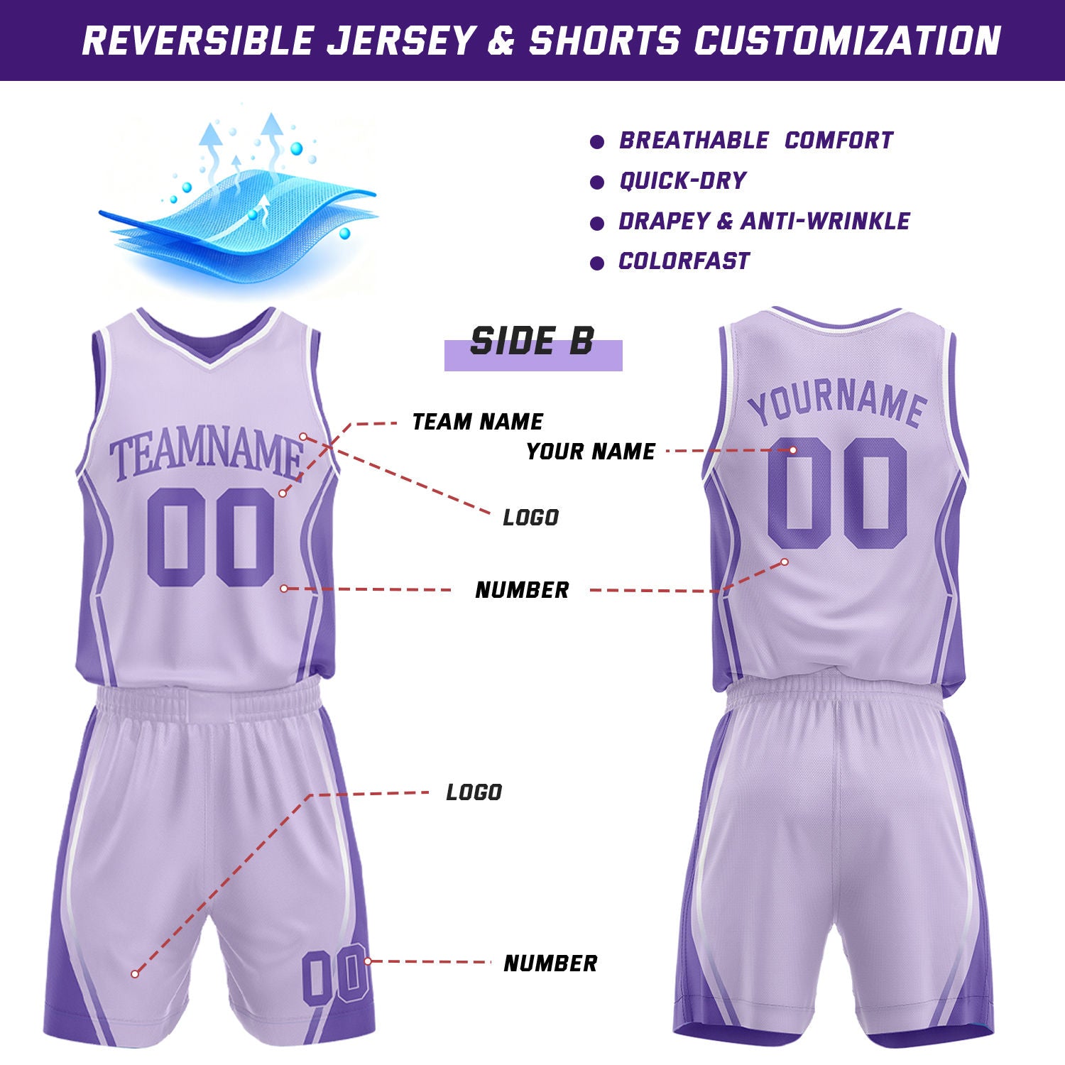 Custom Deep Purple & Lavender Reversible Geometric Basketball Jersey Shorts Set | Personalized Team Uniform