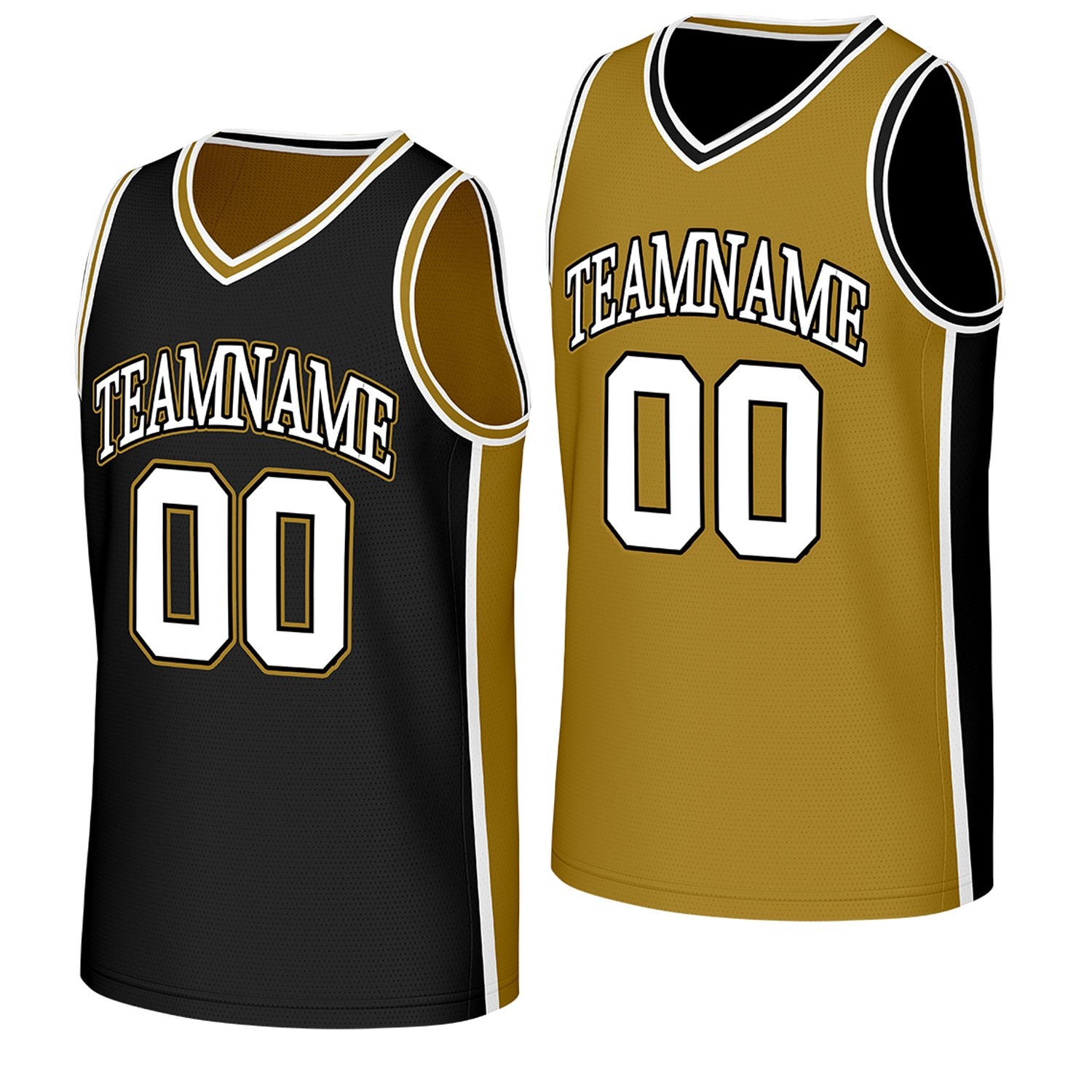 custom double sided basketball jerseys black gold reversible by Vosoli, Personalized team name, number & logo. Fast delivery.