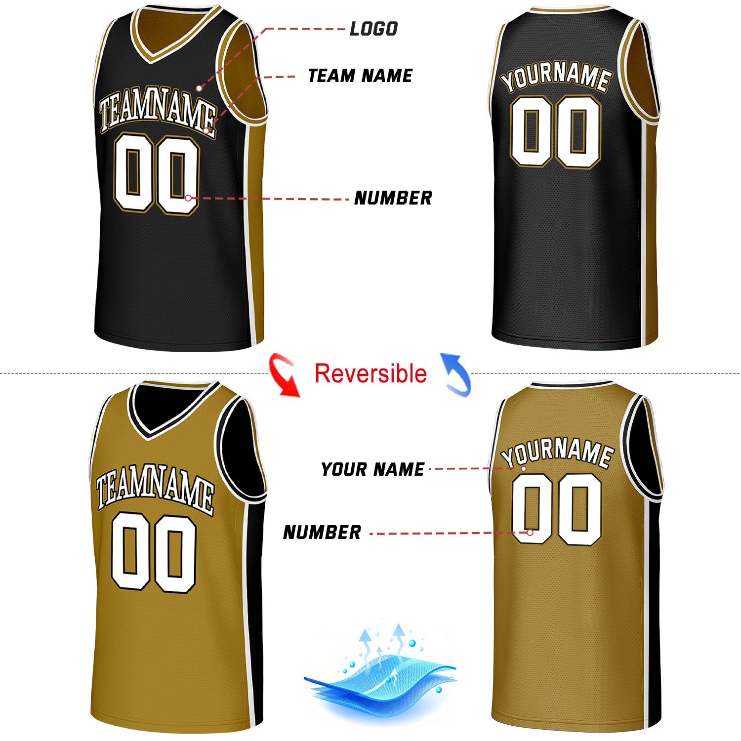 Custom Black & Gold Reversible Basketball Jersey | Personalized Team Jerseys with Name Number Logo