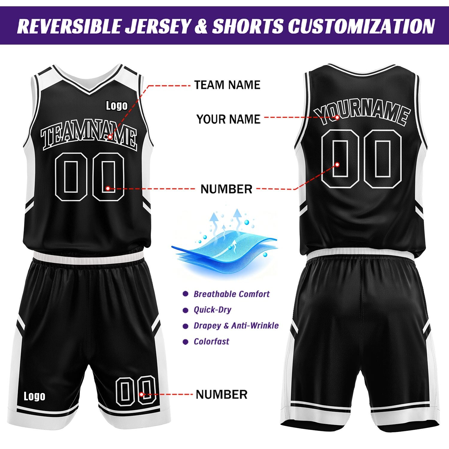 Custom Double Sided Basketball Uniform Set | Black & White V-Neck Sleeveless Jersey & Athletic Shorts