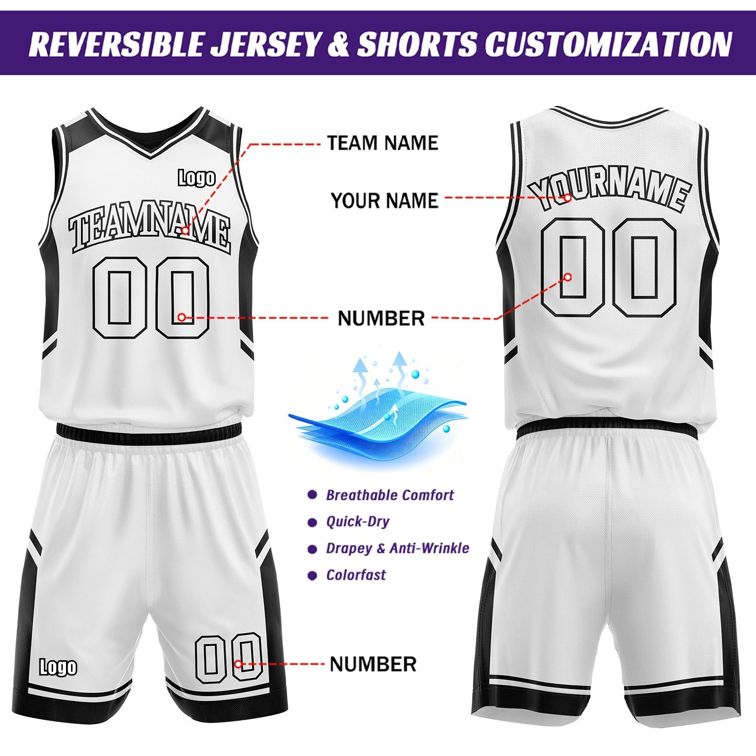 Custom Double Sided Basketball Uniform Set | Black & White V-Neck Sleeveless Jersey & Athletic Shorts