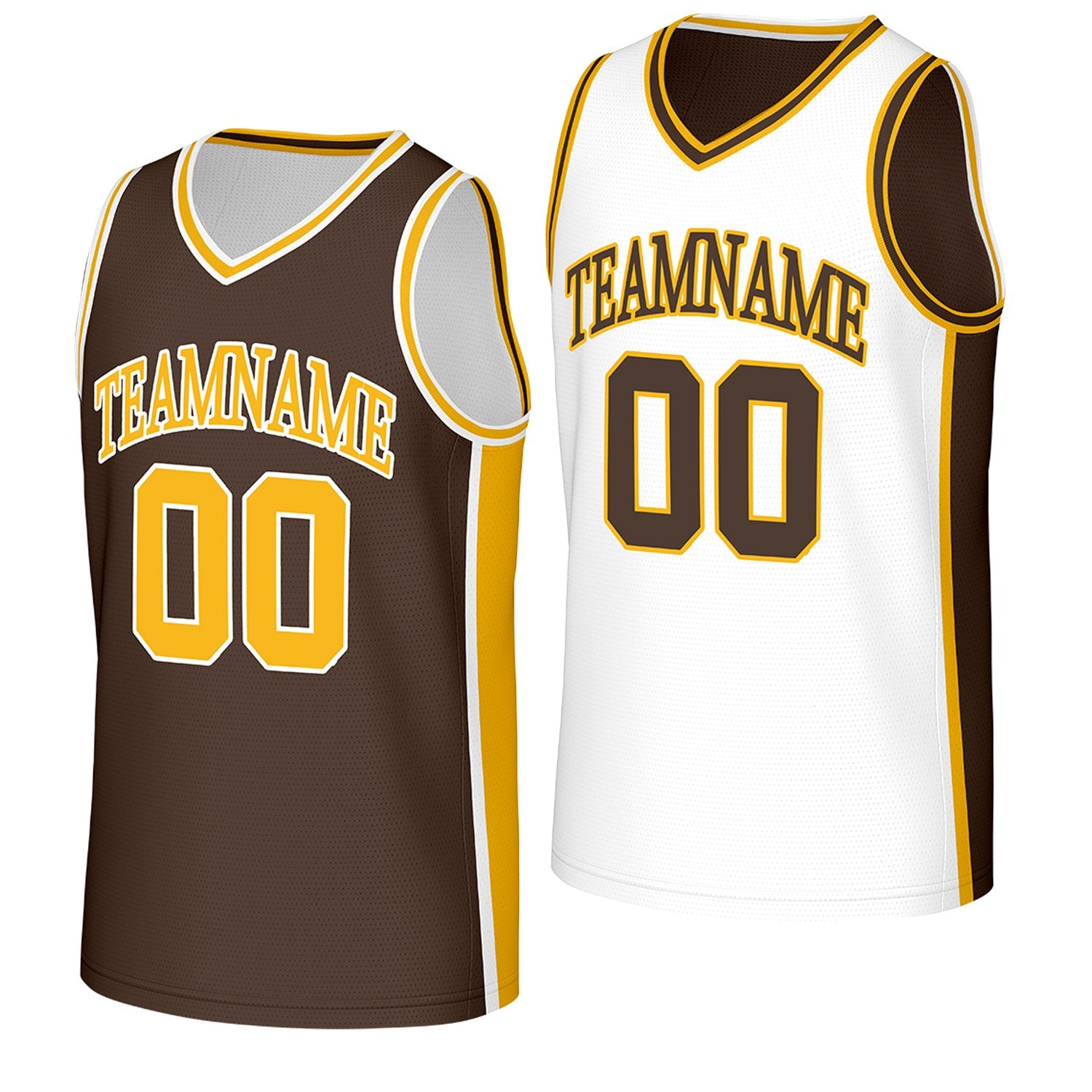 custom durable basketball team jerseys brown gold reversible by Vosoli, Personalized team name, number & logo. Fast delivery.