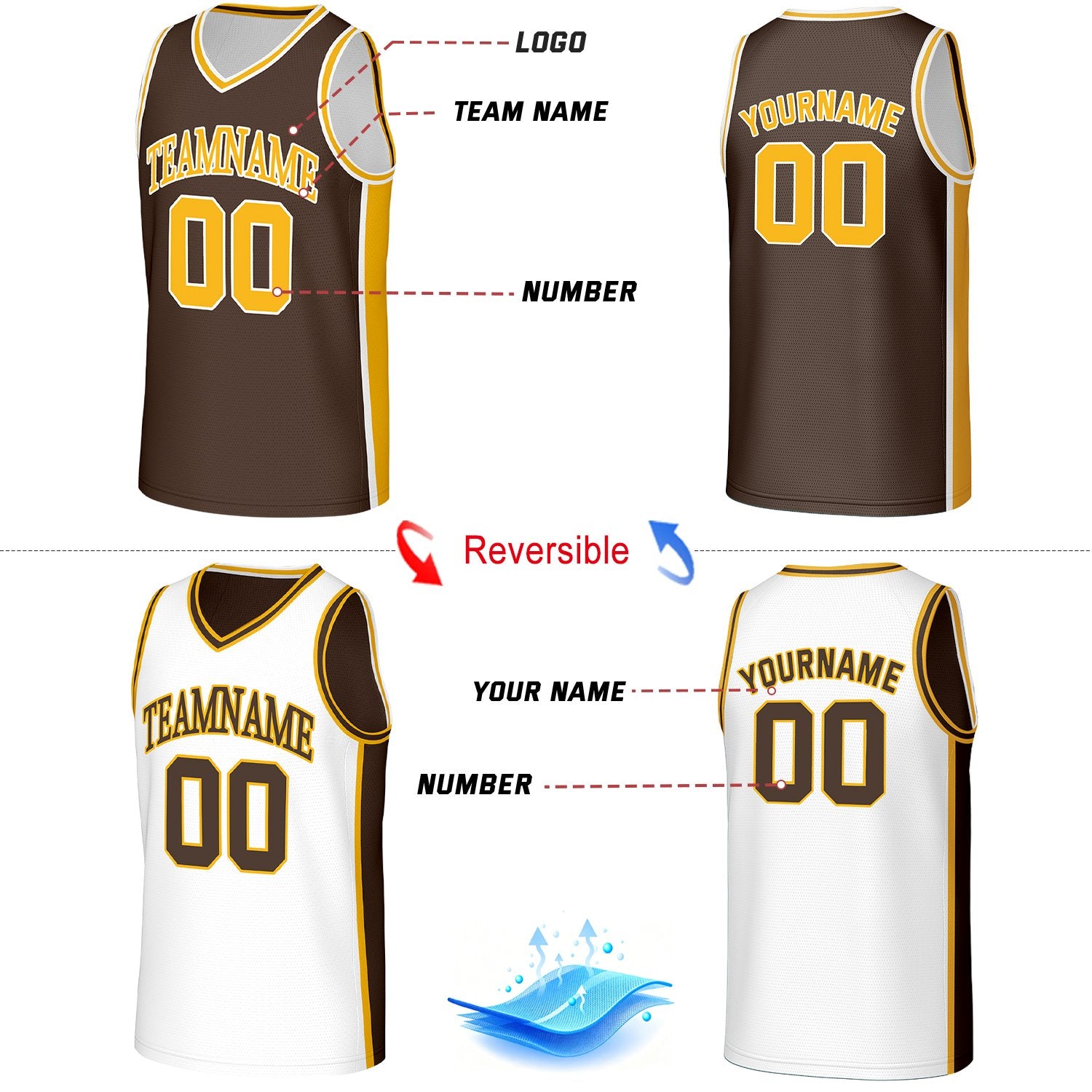 Custom Brown & Gold Reversible Basketball Jersey | Personalized Team Jerseys with Name Number Logo