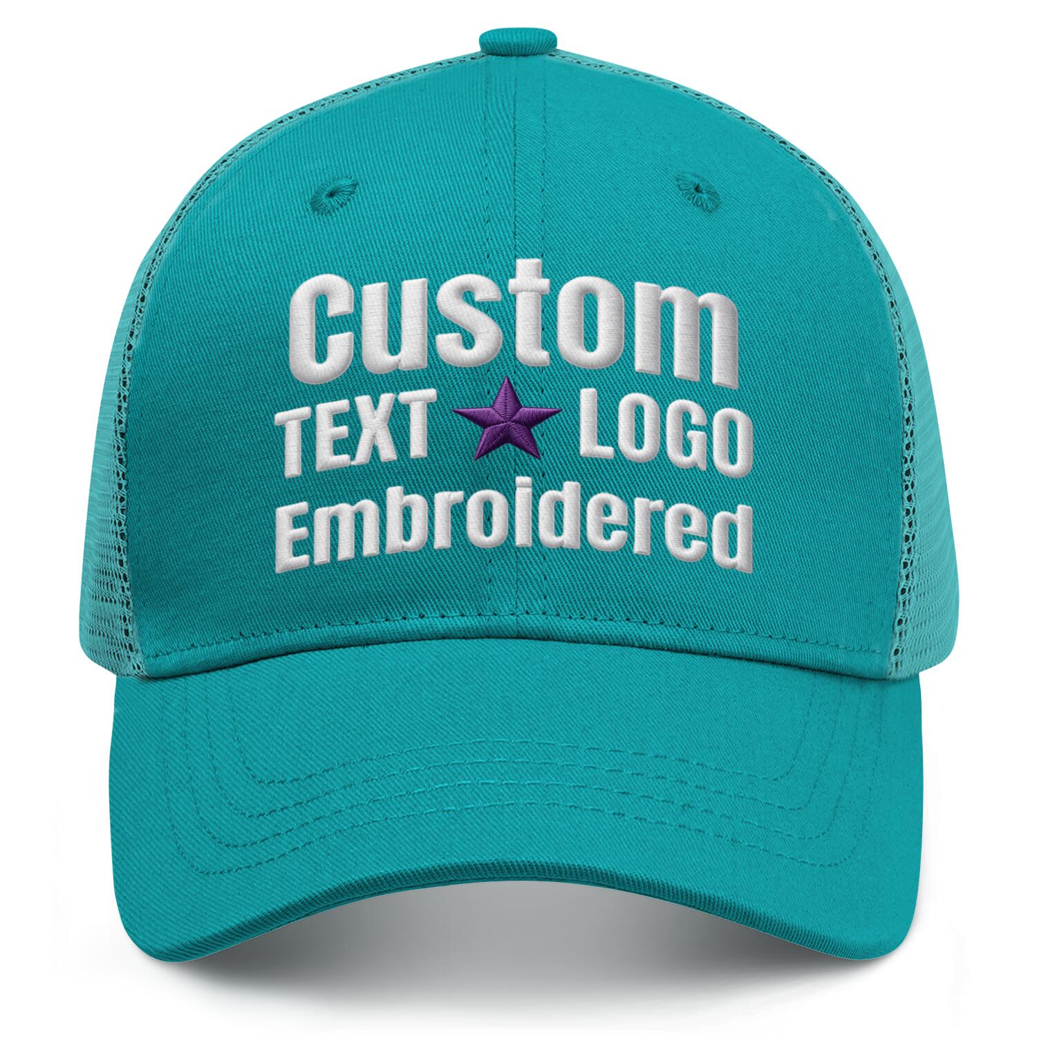Custom embroidered aqua green trucker cap by Vosoli | Personalized with text & logo | Breathable mesh cap