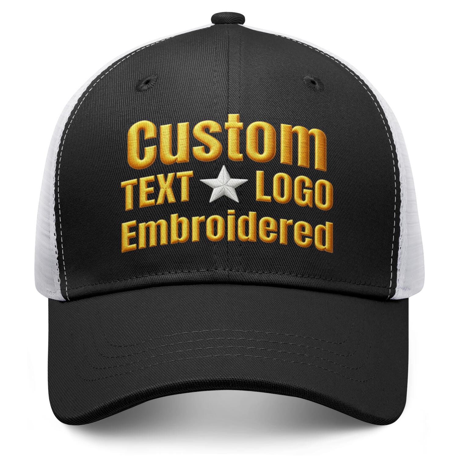 Custom embroidered black & white trucker cap by Vosoli | Personalized with text & logo | Breathable mesh cap