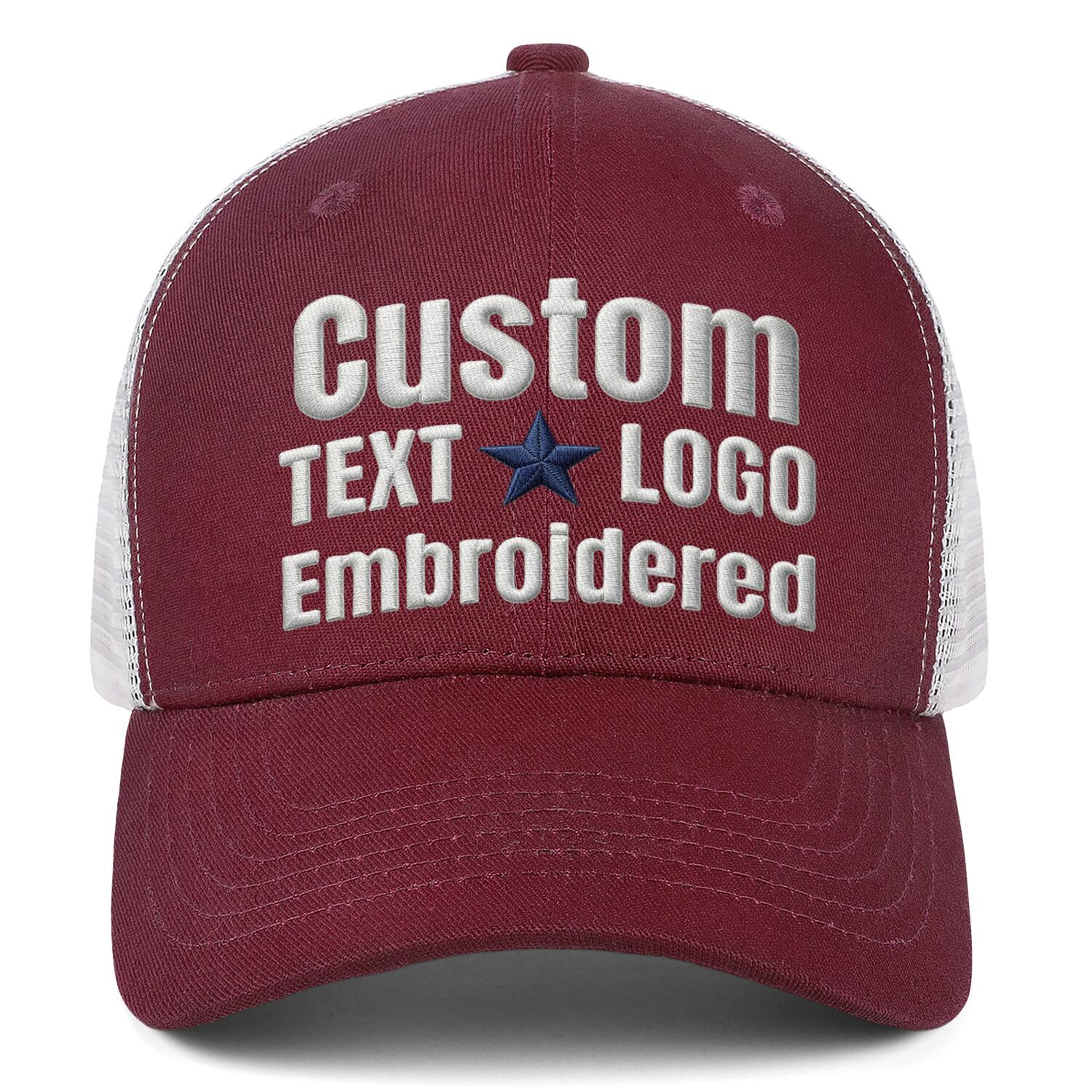 Custom embroidered burgundy trucker cap by Vosoli | Personalized with text & logo | Breathable mesh cap
