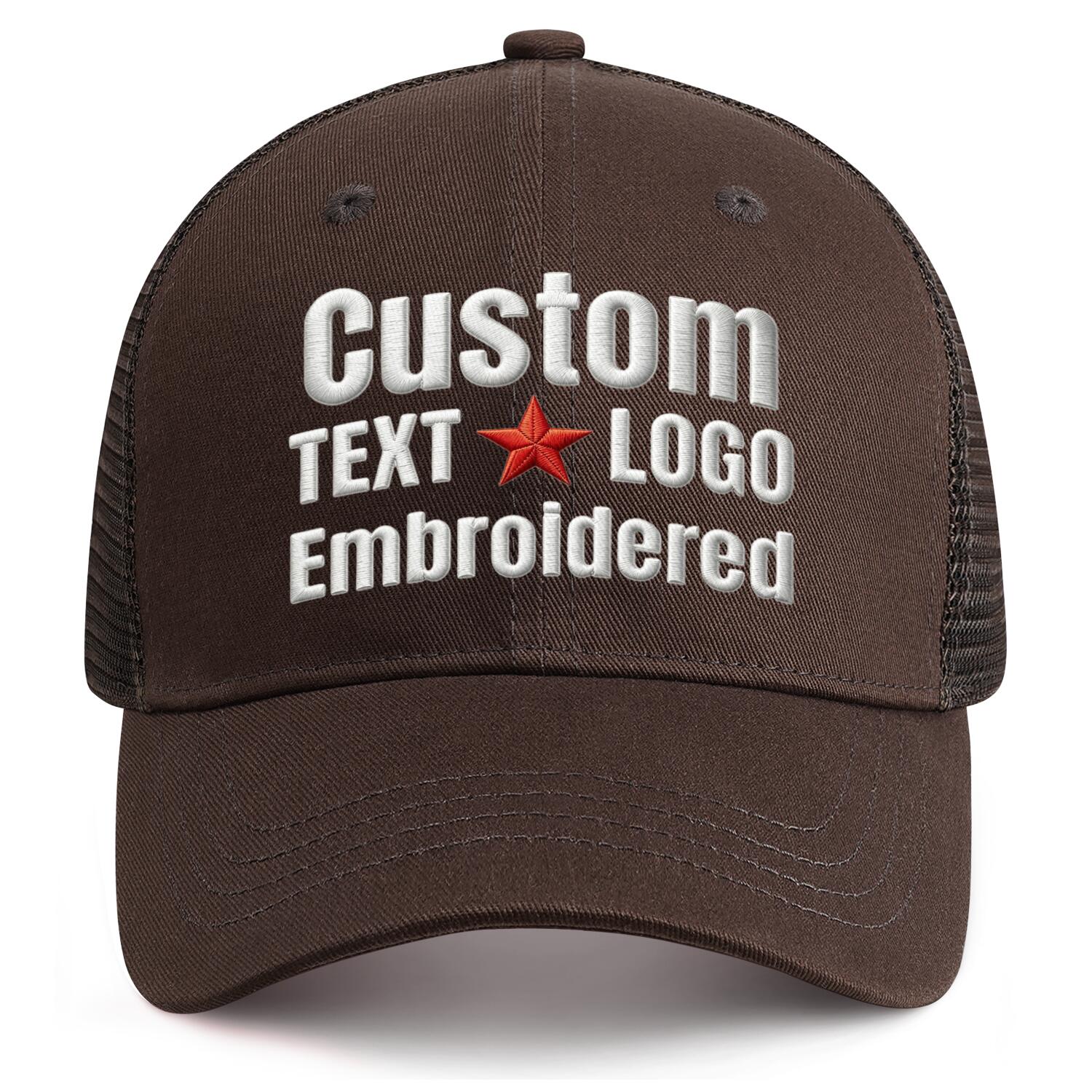 Custom embroidered dark brown trucker cap by Vosoli | Personalized with text & logo | Breathable mesh cap