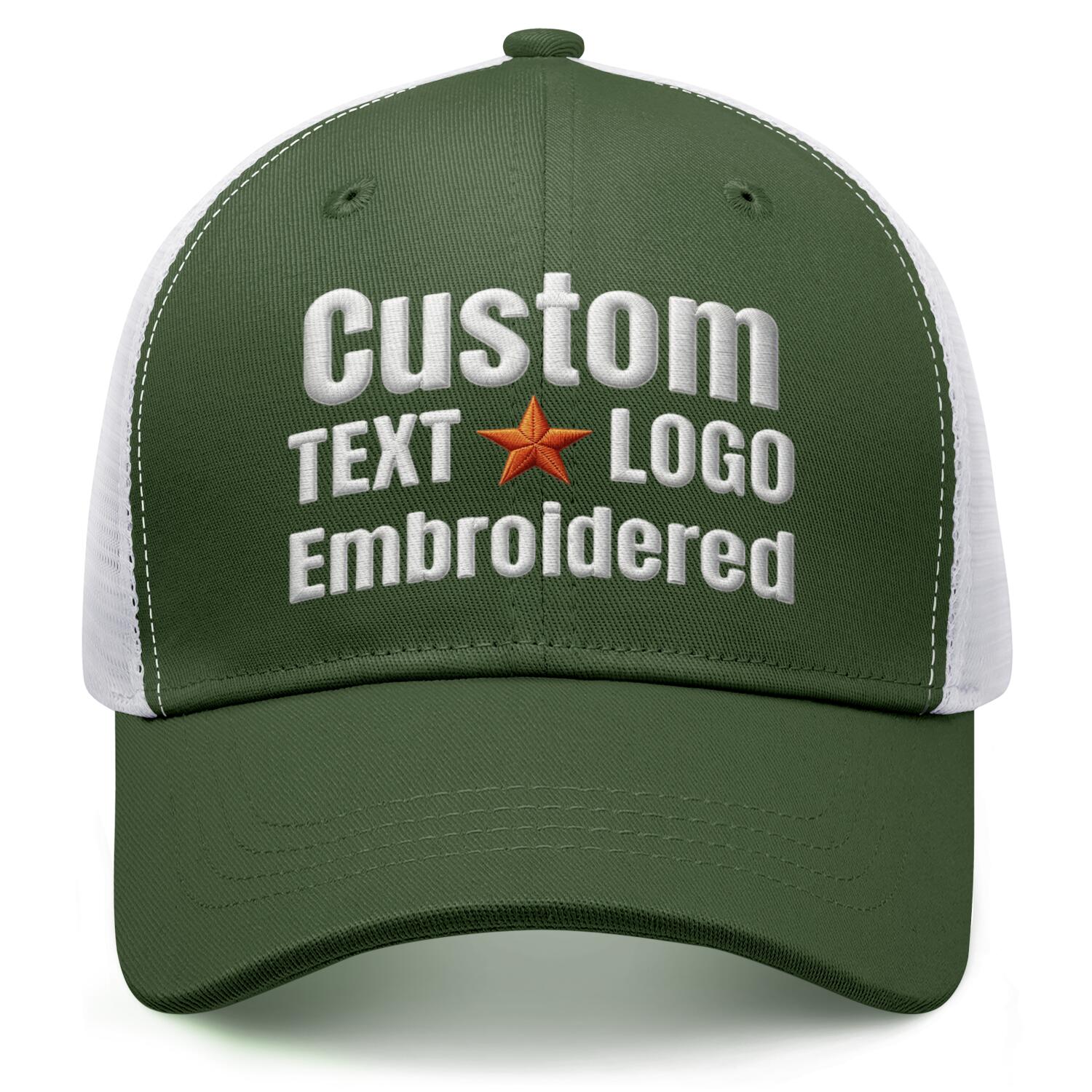 Custom embroidered forest green & white trucker cap by Vosoli | Personalized with text & logo | Breathable mesh cap
