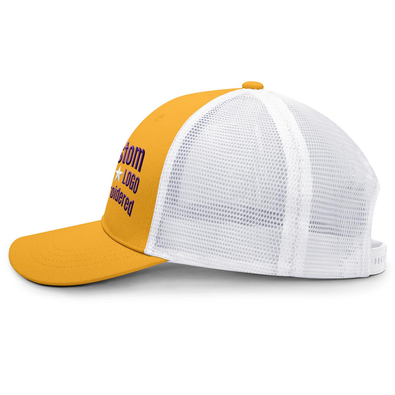 Custom Embroidered or Printed Gold & White Trucker Cap | Breathable mesh cap