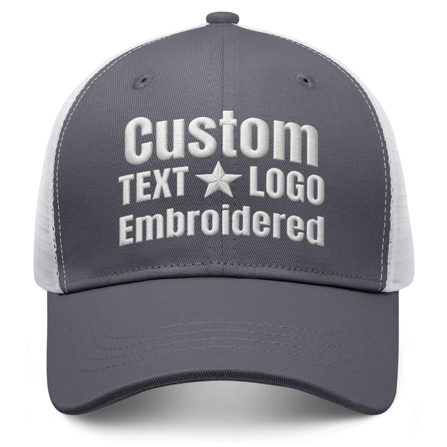Custom embroidered gray & white trucker cap by Vosoli | Personalized with text & logo | Breathable mesh cap