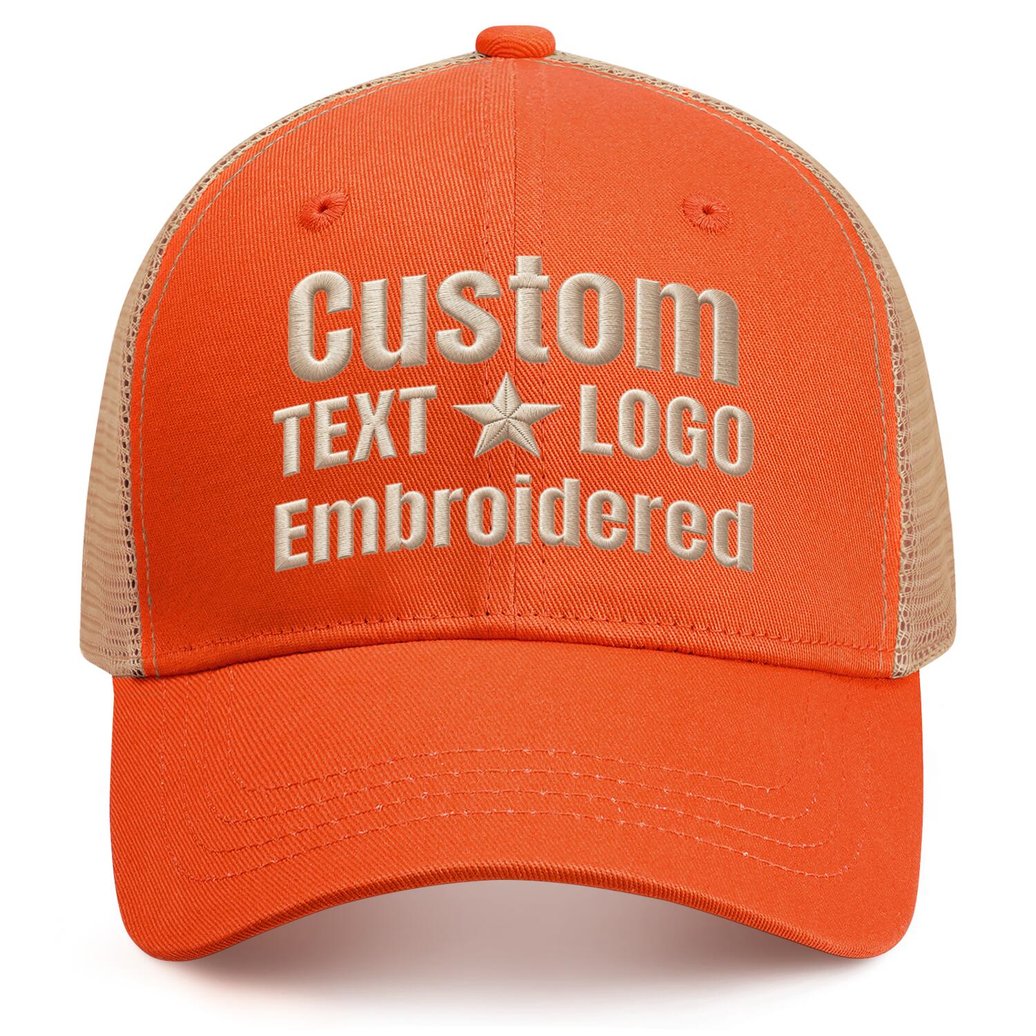 Custom embroidered orange & beige trucker cap by Vosoli | Personalized with text & logo | Breathable mesh cap