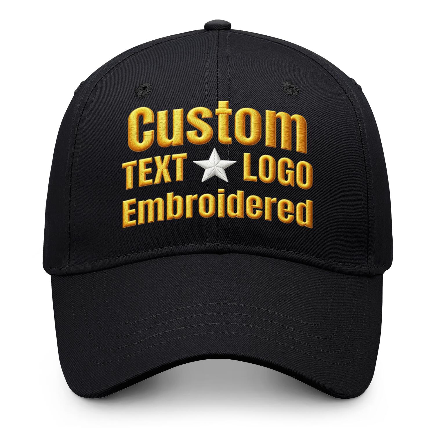 Custom embroidered or printed black baseball cap by Vosoli | Personalized text & logo | Structured fit