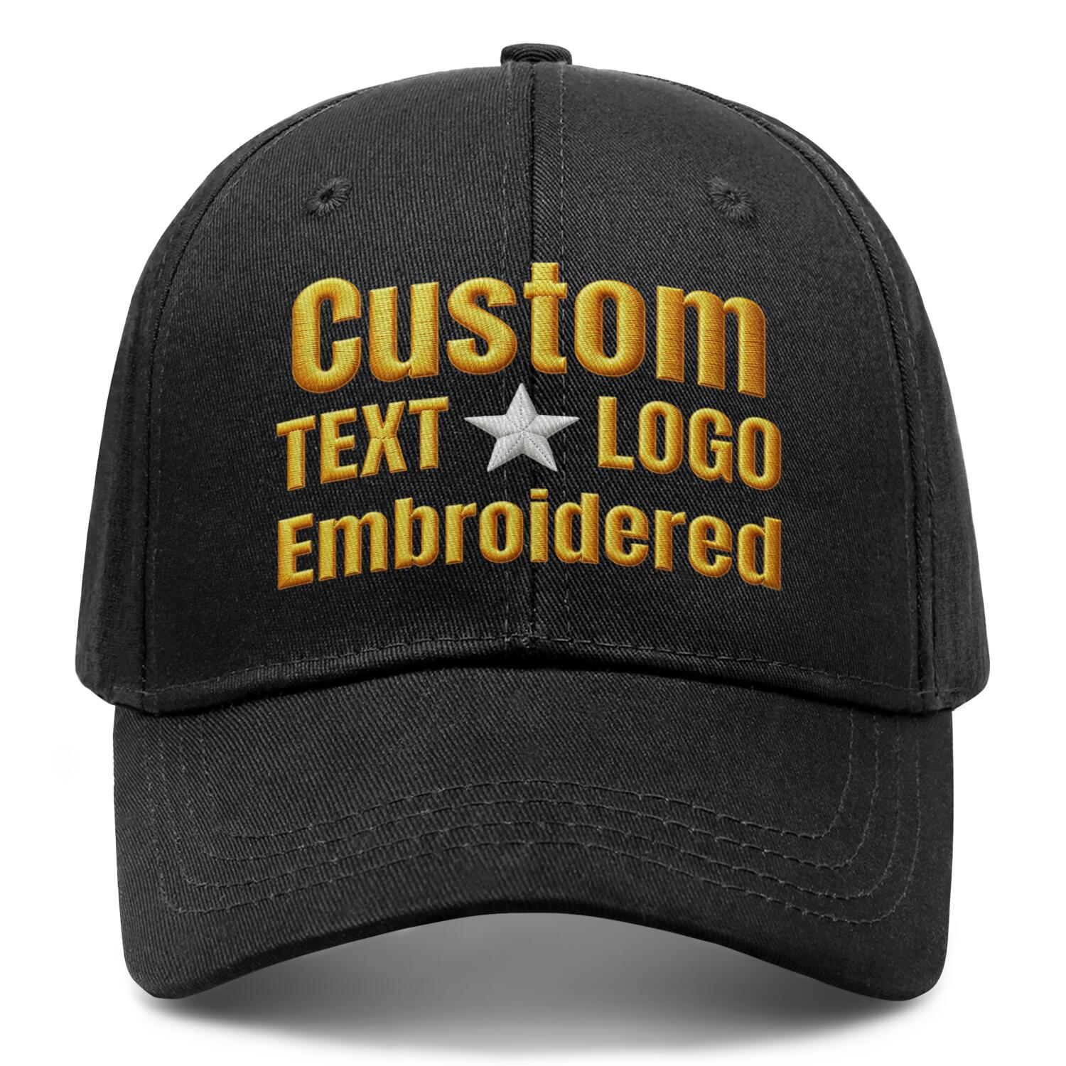 Custom embroidered or printed black baseball cap by Vosoli | Personalized text & logo | Structured fit