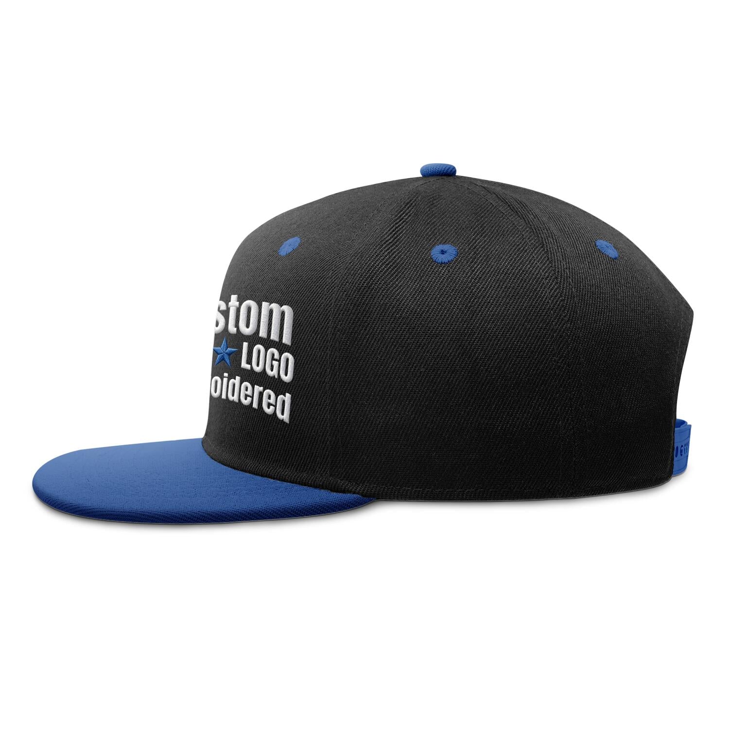 Custom Embroidered or Printed Black & Blue Color-Block Flat-Brim Cap