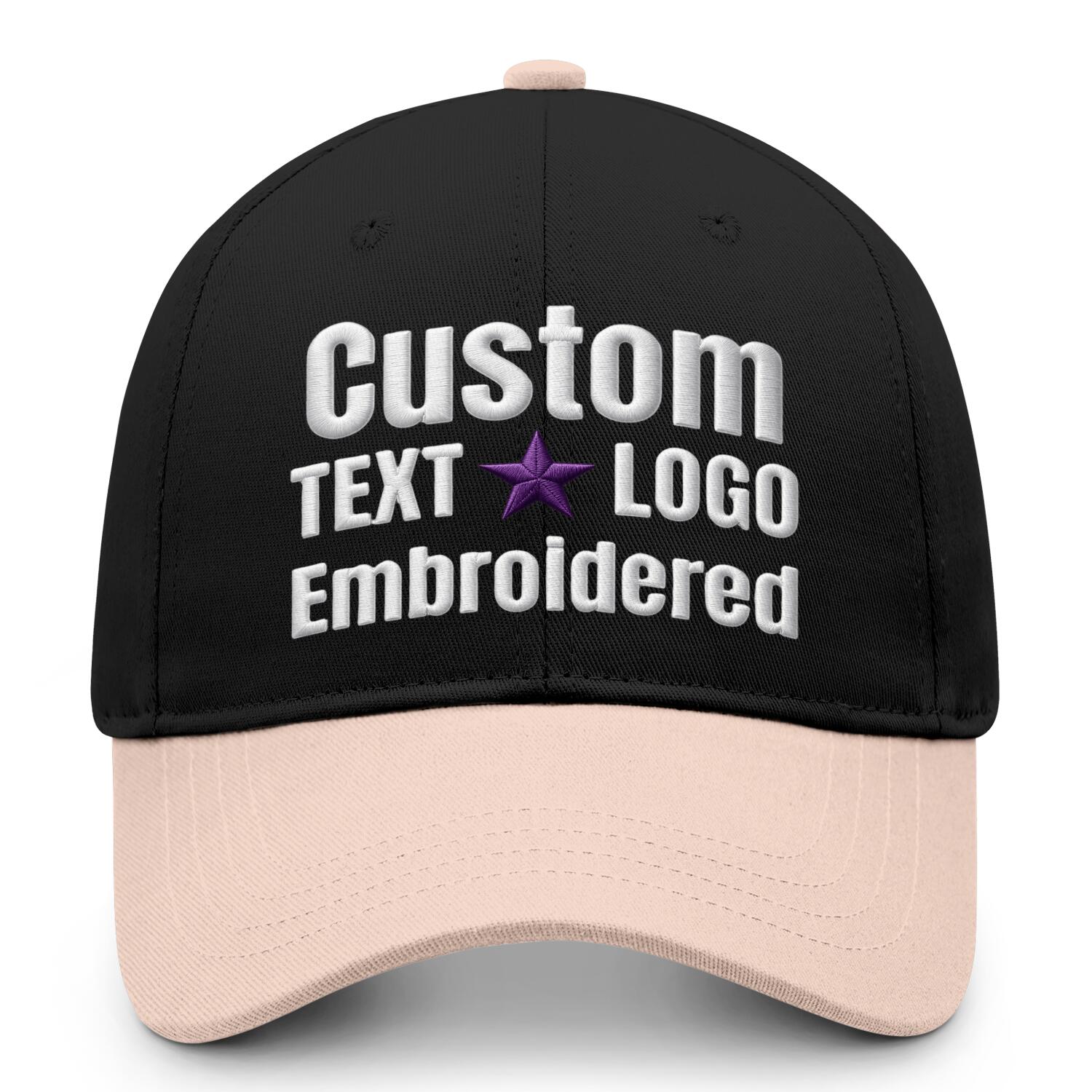Custom embroidered or printed black & blush color block baseball cap by Vosoli | Personalized text & logo | Structured fit