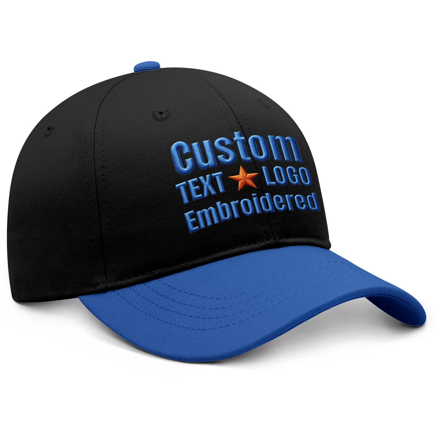 Custom Embroidered or Printed Black & Bright Blue Color Block Baseball Cap | Personalized Sport Hat