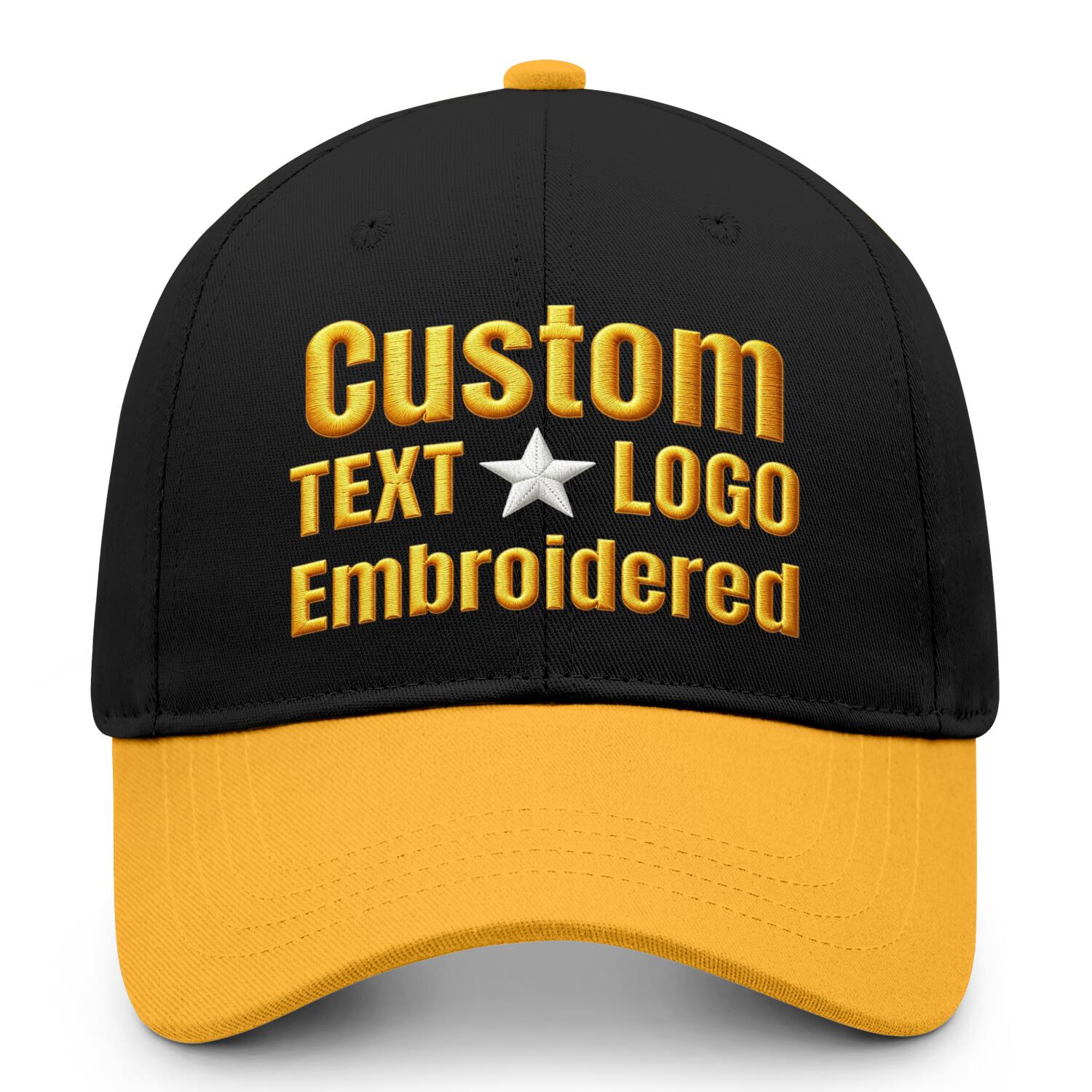 Custom embroidered or printed black & gold color block baseball cap by Vosoli | Personalized text & logo | Structured fit