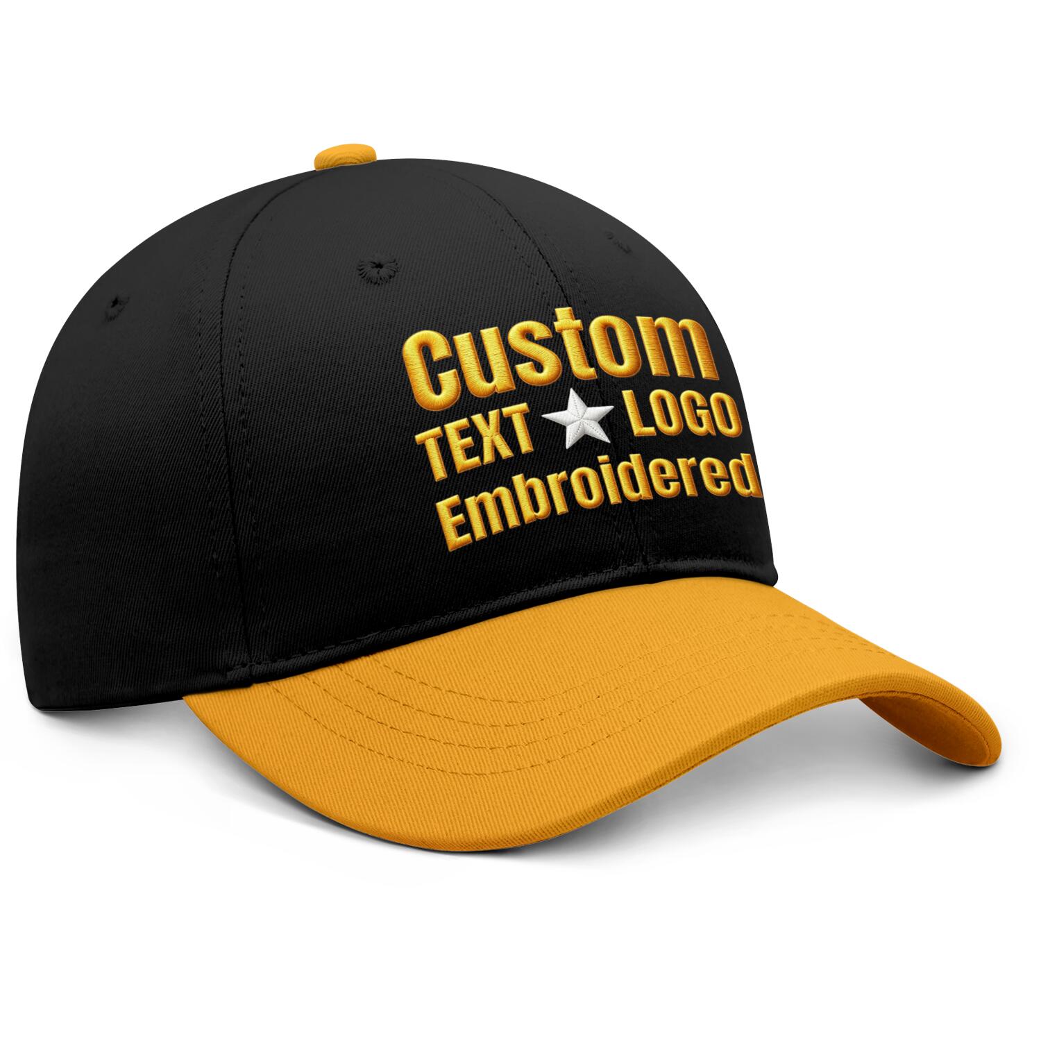 Custom Embroidered or Printed Black & Gold Color Block Baseball Cap | Personalized Sport Hat