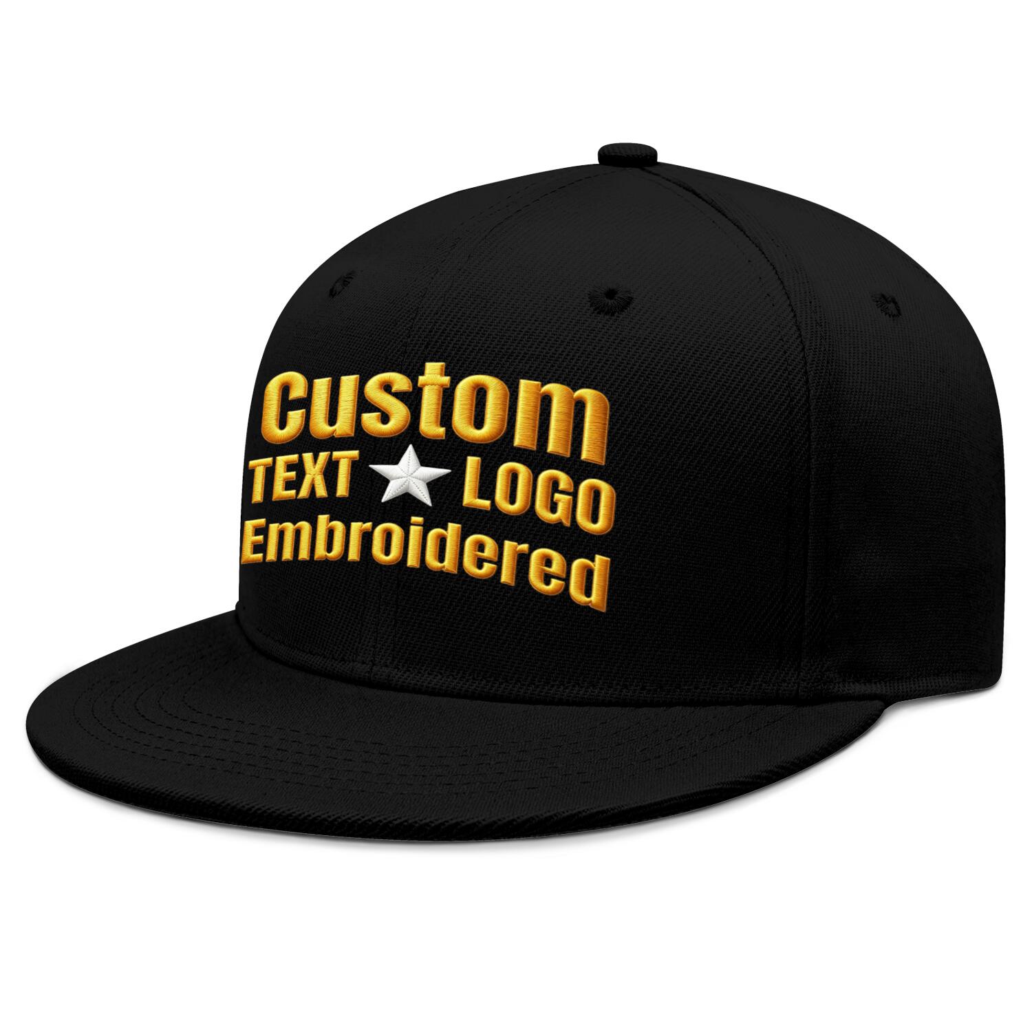 Custom embroidered or printed black flat-brim cap by Vosoli | Personalized text & logo