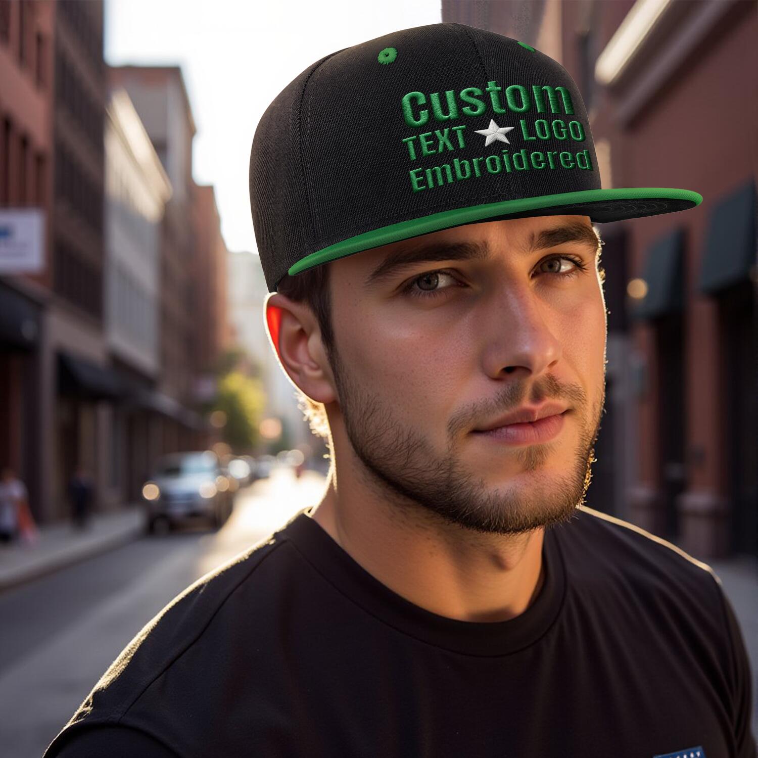 Custom Embroidered or Printed Black & Green Color-Block Flat-Brim Cap