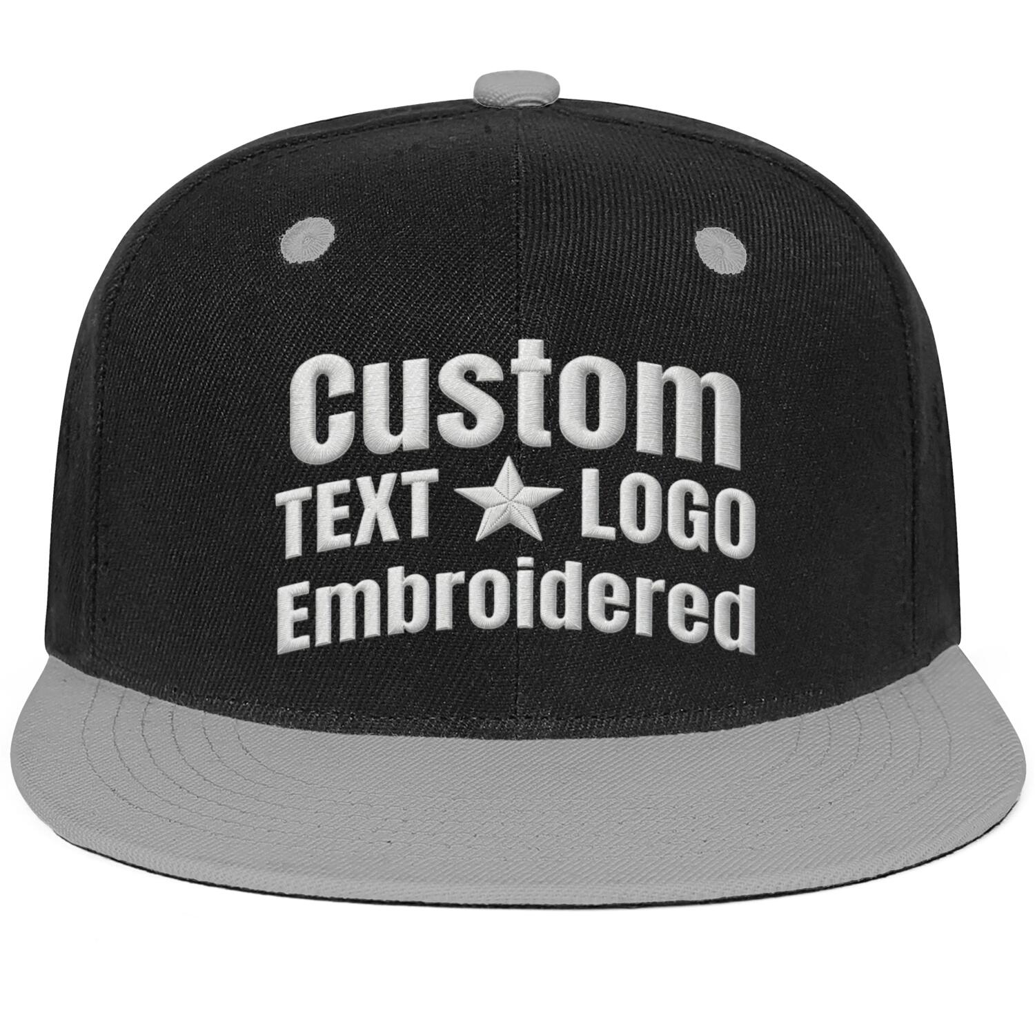 Custom Embroidered or Printed Black & Light Grey Color-Block Flat-Brim Cap