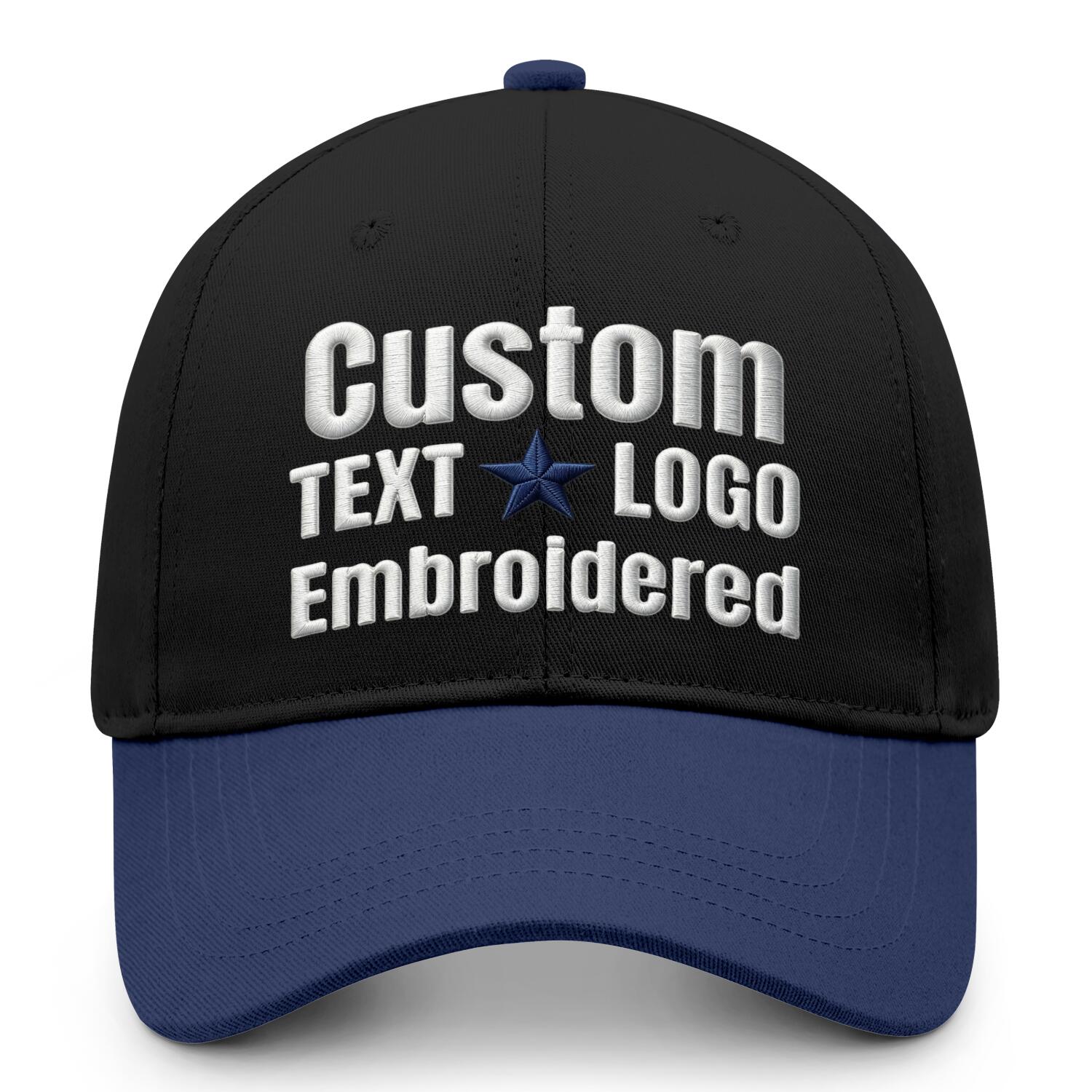 Custom embroidered or printed black & navy blue color block baseball cap by Vosoli | Personalized text & logo | Structured fit