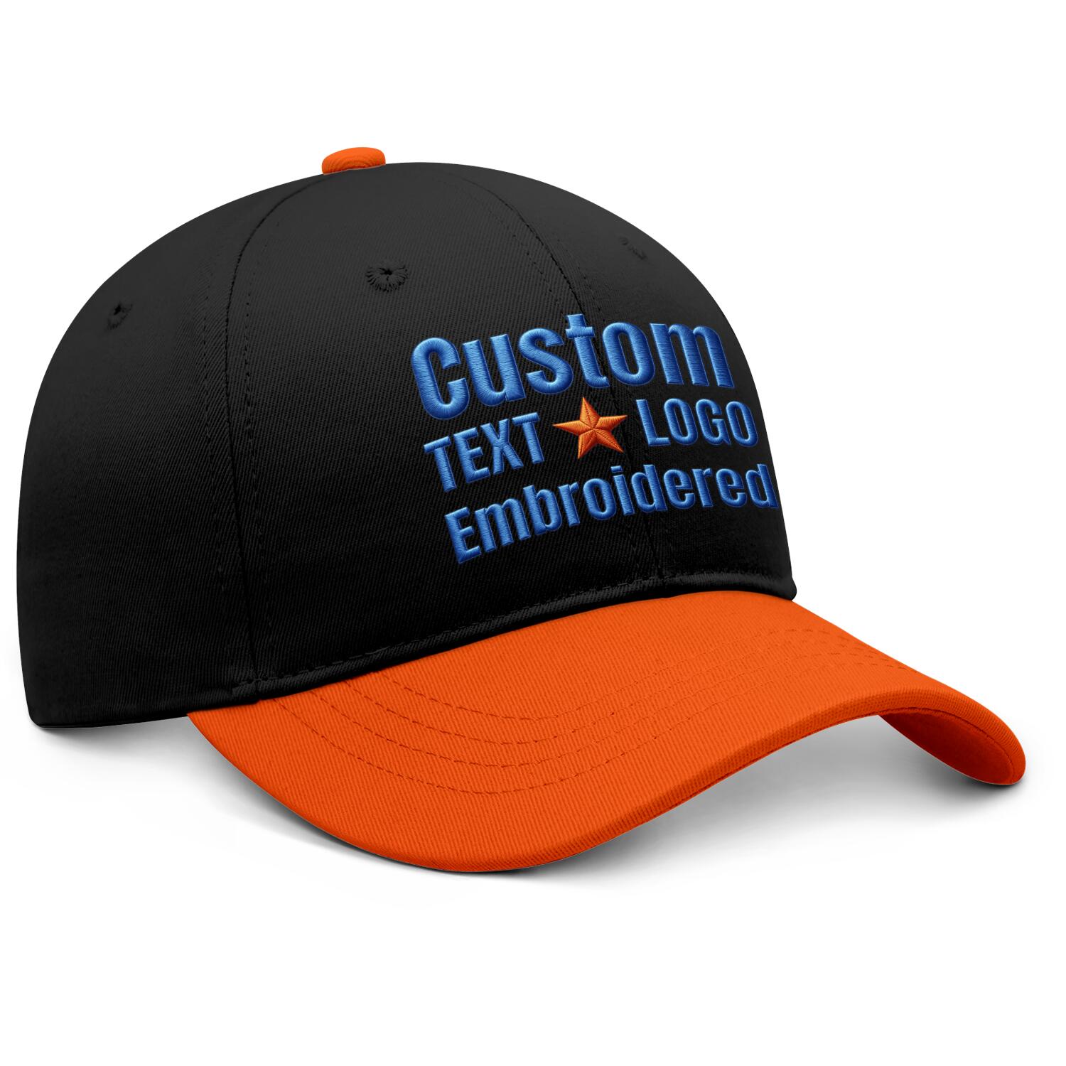 Custom Embroidered or Printed Black & Orange Color Block Baseball Cap | Personalized Sport Hat
