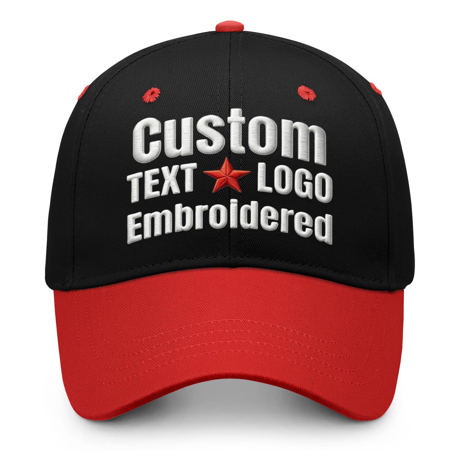 Custom embroidered or printed black & red color block baseball cap by Vosoli | Personalized text & logo | Structured fit