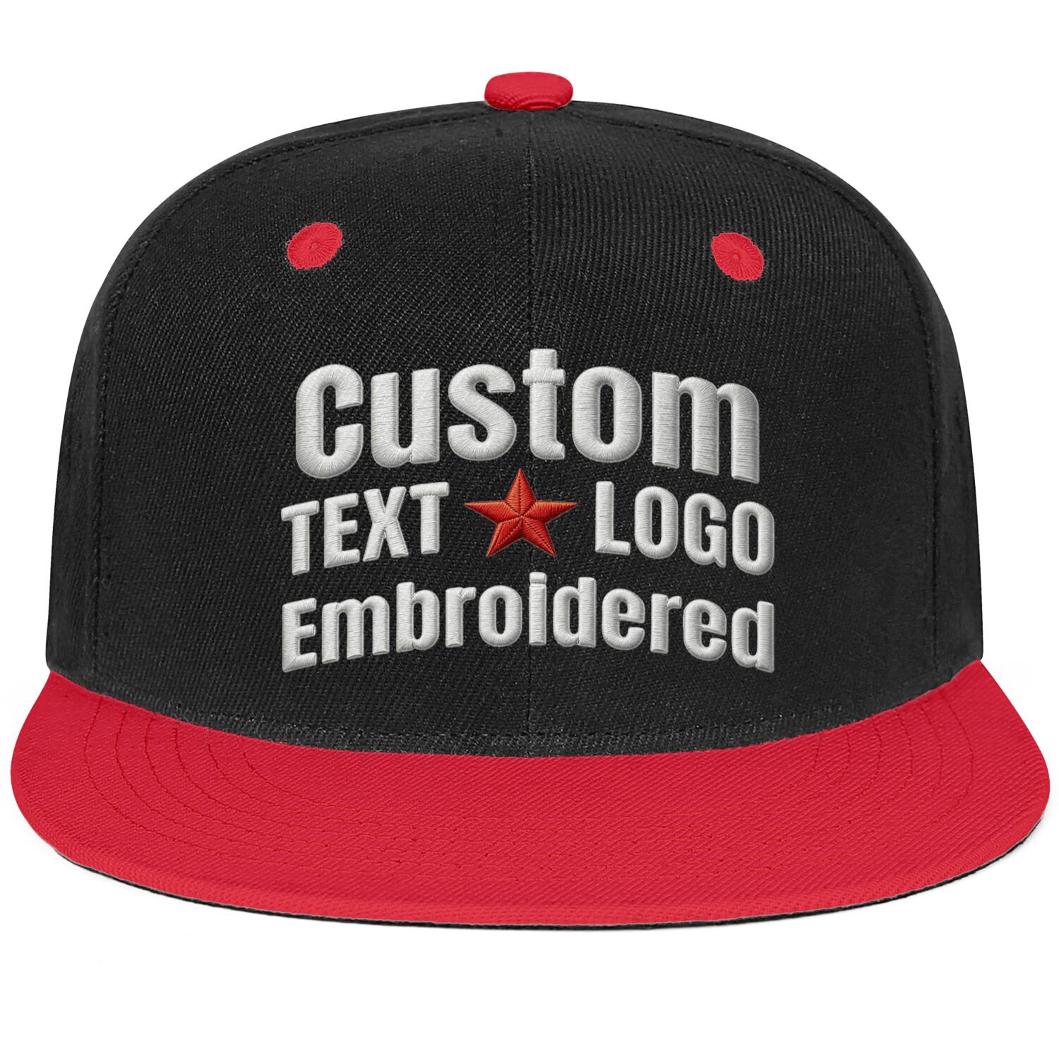 Custom Embroidered or Printed Black & Red Color-Block Flat-Brim Cap