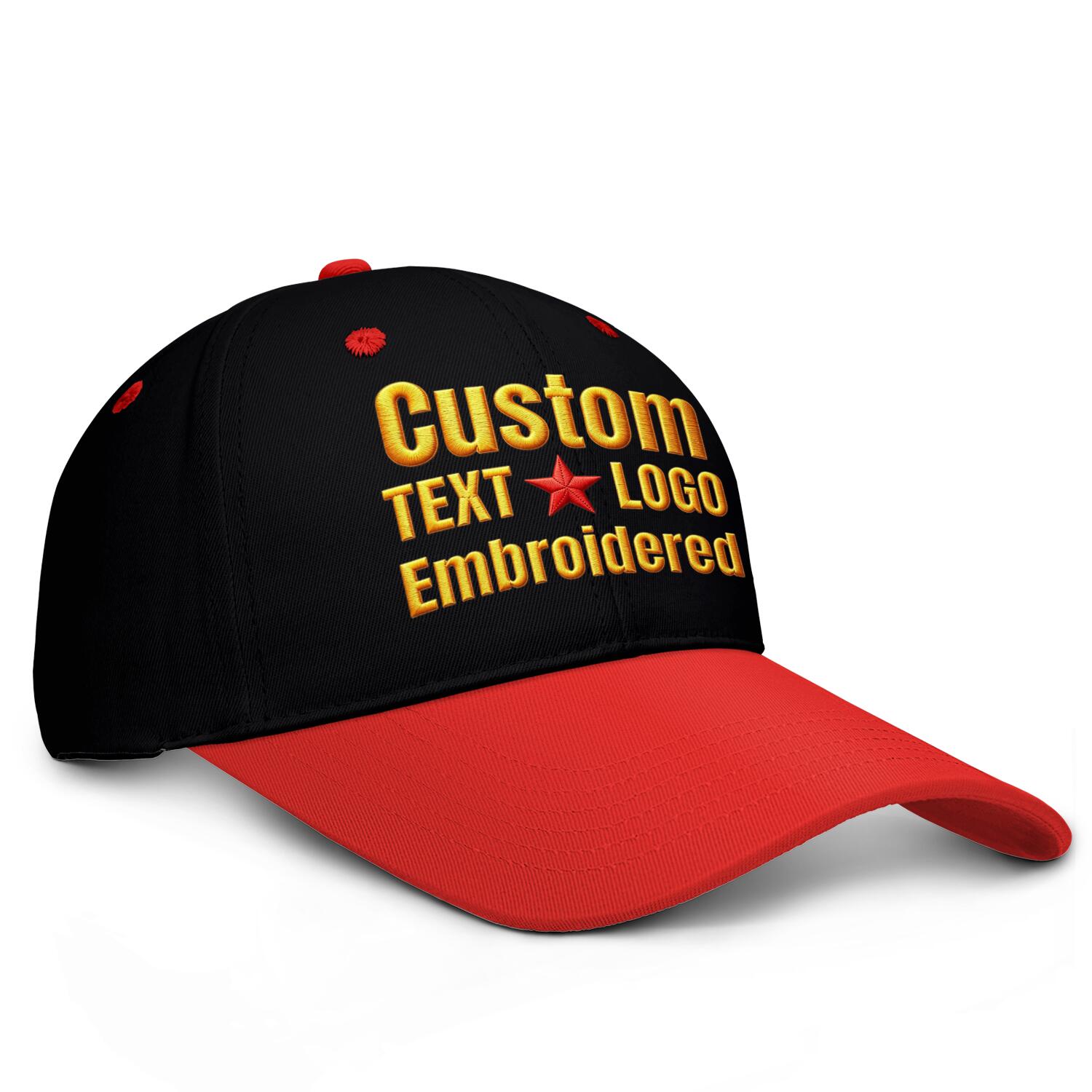 Custom Embroidered or Printed Black & Red Deep Brim Baseball Cap | Personalized Sport Hat