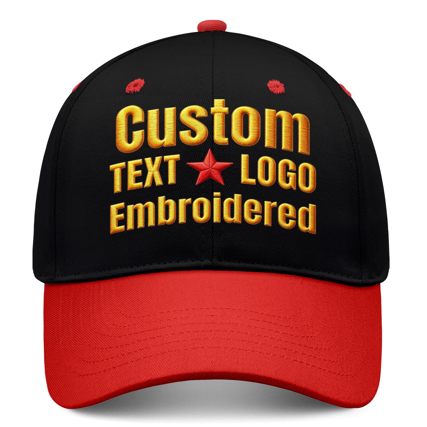 Custom Embroidered or Printed Black & Red Deep Brim Baseball Cap | Personalized Sport Hat