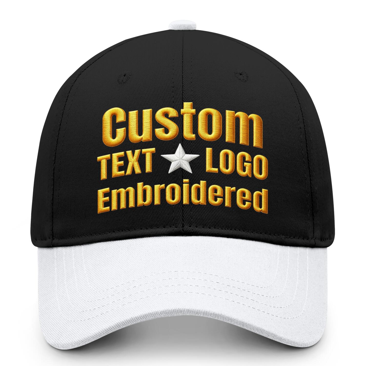 Custom embroidered or printed black & white color block baseball cap by Vosoli | Personalized text & logo | Structured fit