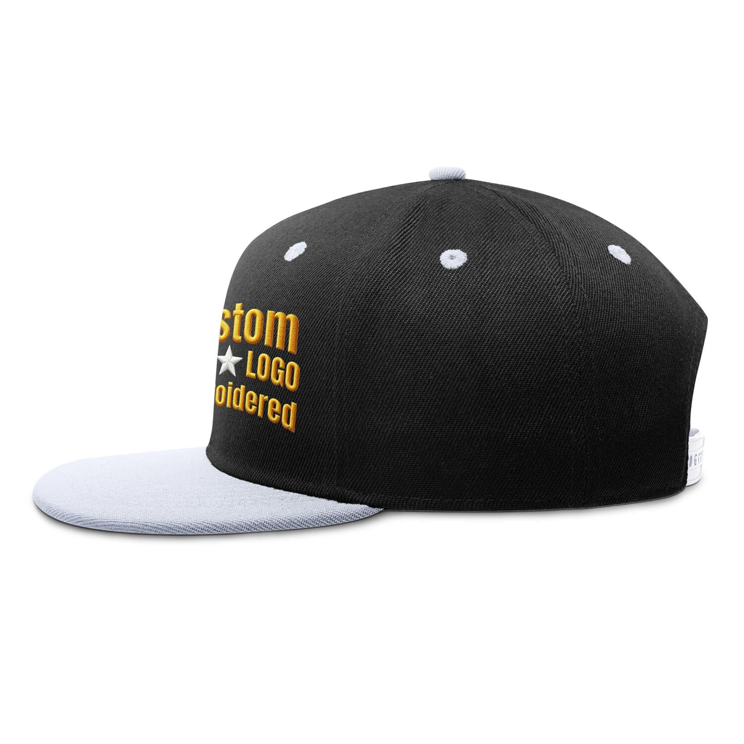 Custom Embroidered or Printed Black & White Color-Block Flat-Brim Cap