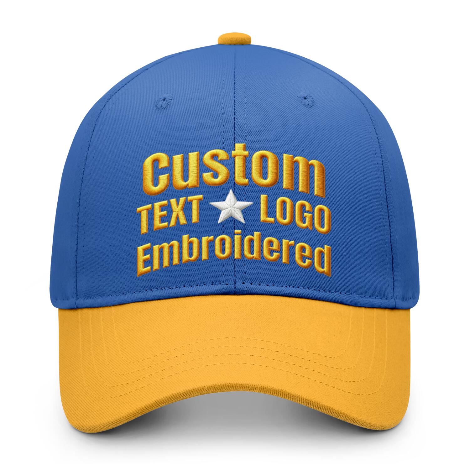 Custom embroidered or printed blue & gold color block baseball cap by Vosoli | Personalized text & logo | Structured fit