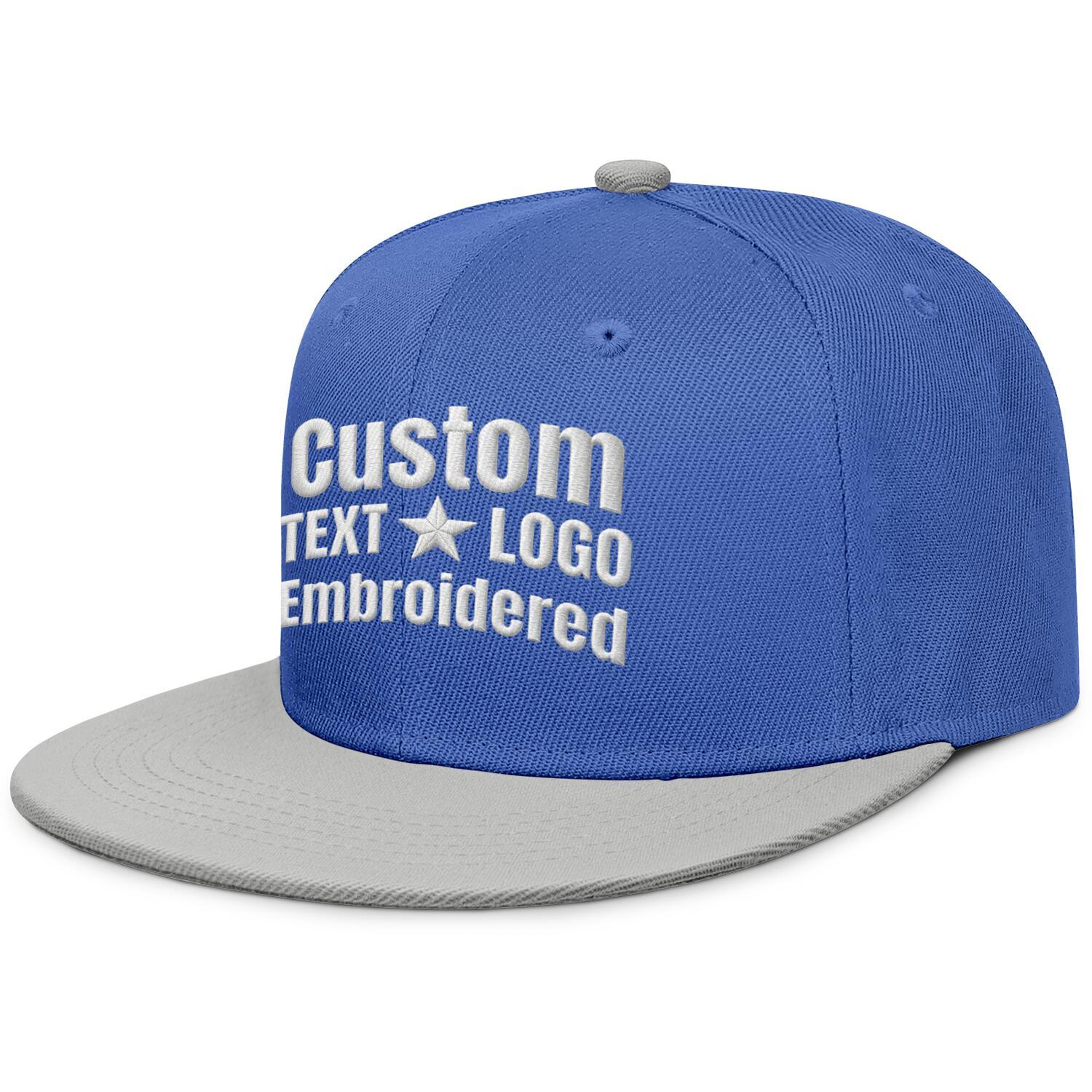 Custom embroidered or printed blue & light grey color-block flat-brim cap by Vosoli | Personalized text & logo | Structured fit