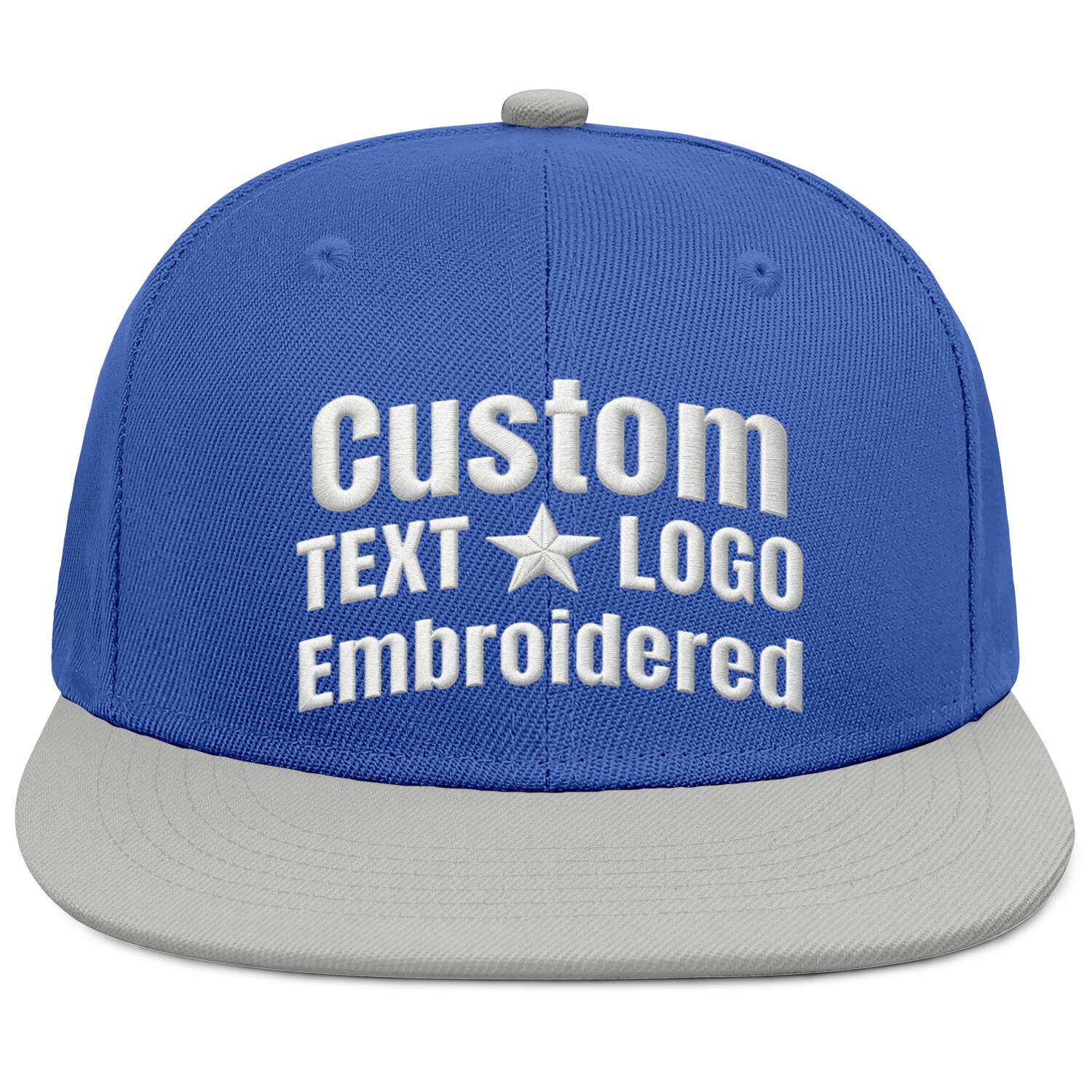 Custom Embroidered or Printed Blue & Light Grey Color-Block Flat-Brim Cap