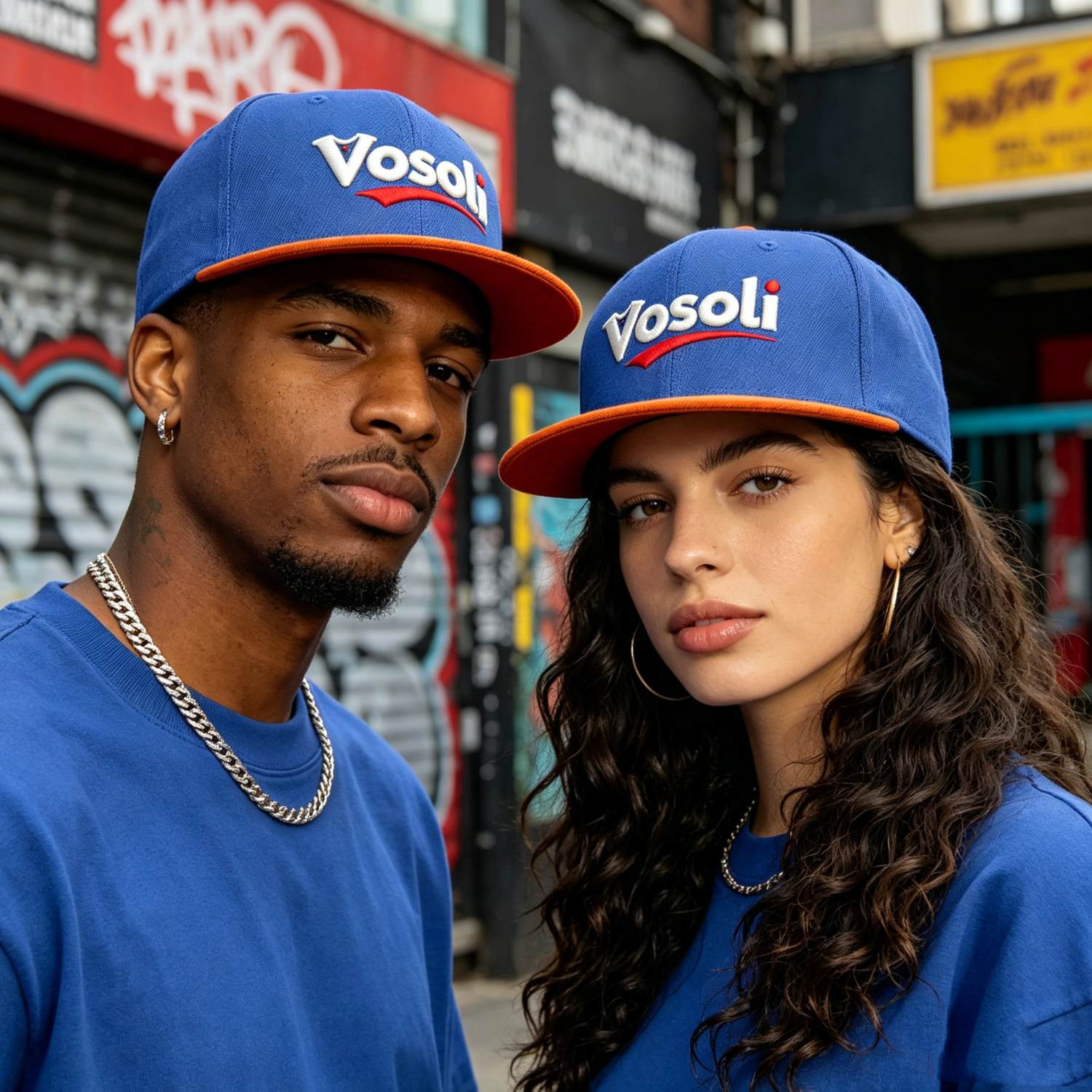 Custom Embroidered or Printed Blue & Orange Color-Block Flat-Brim Cap