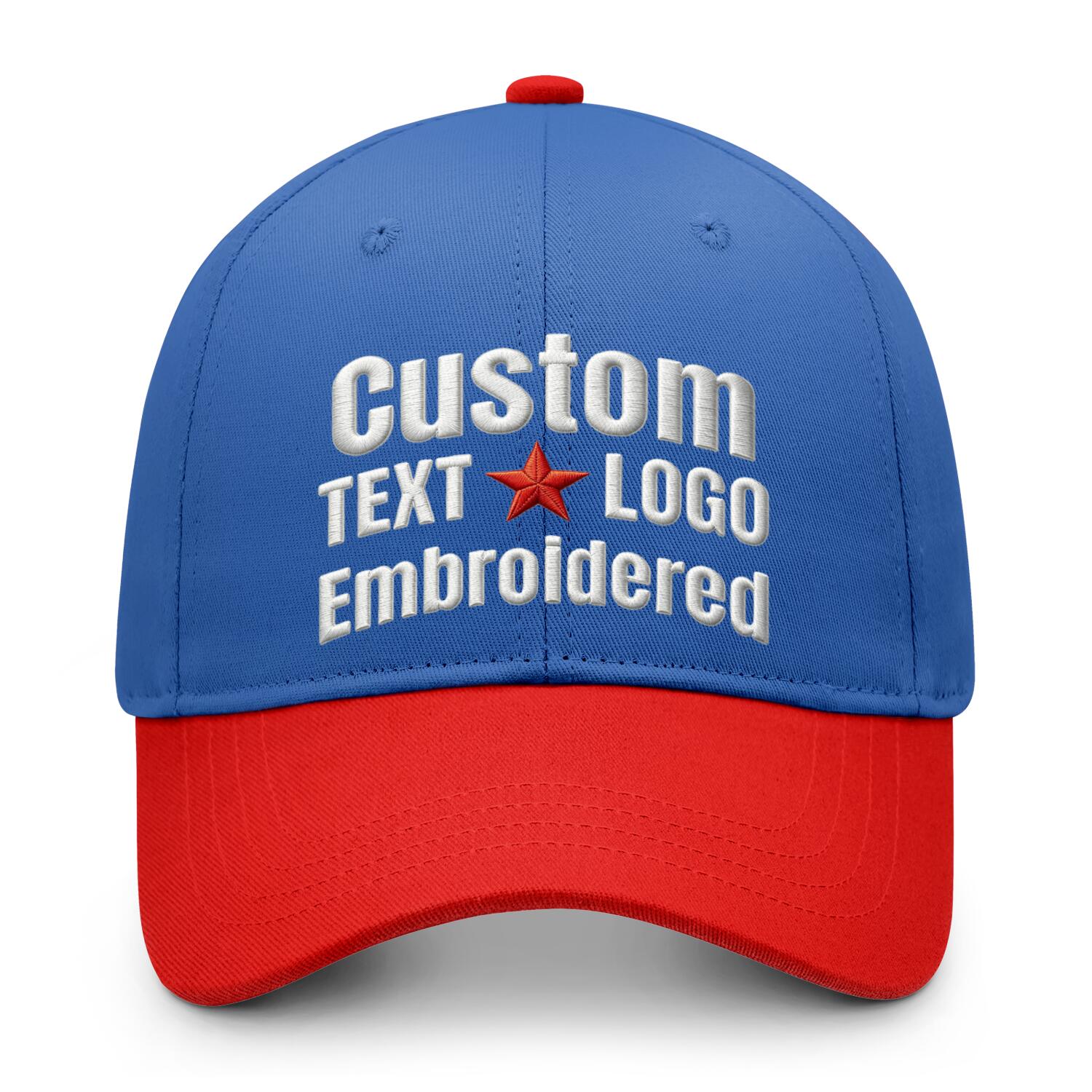 Custom embroidered or printed blue & red color block baseball cap by Vosoli | Personalized text & logo | Structured fit