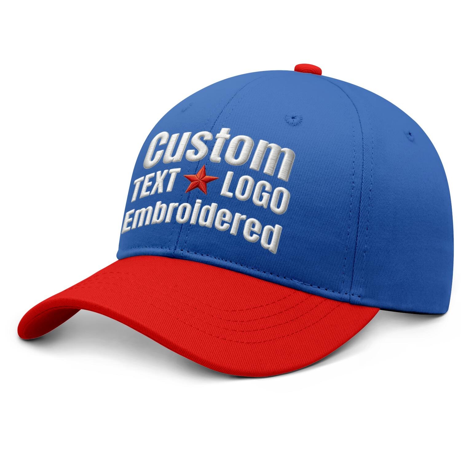 Custom Embroidered or Printed Blue & Red Color Block Baseball Cap | Personalized Sport Hat