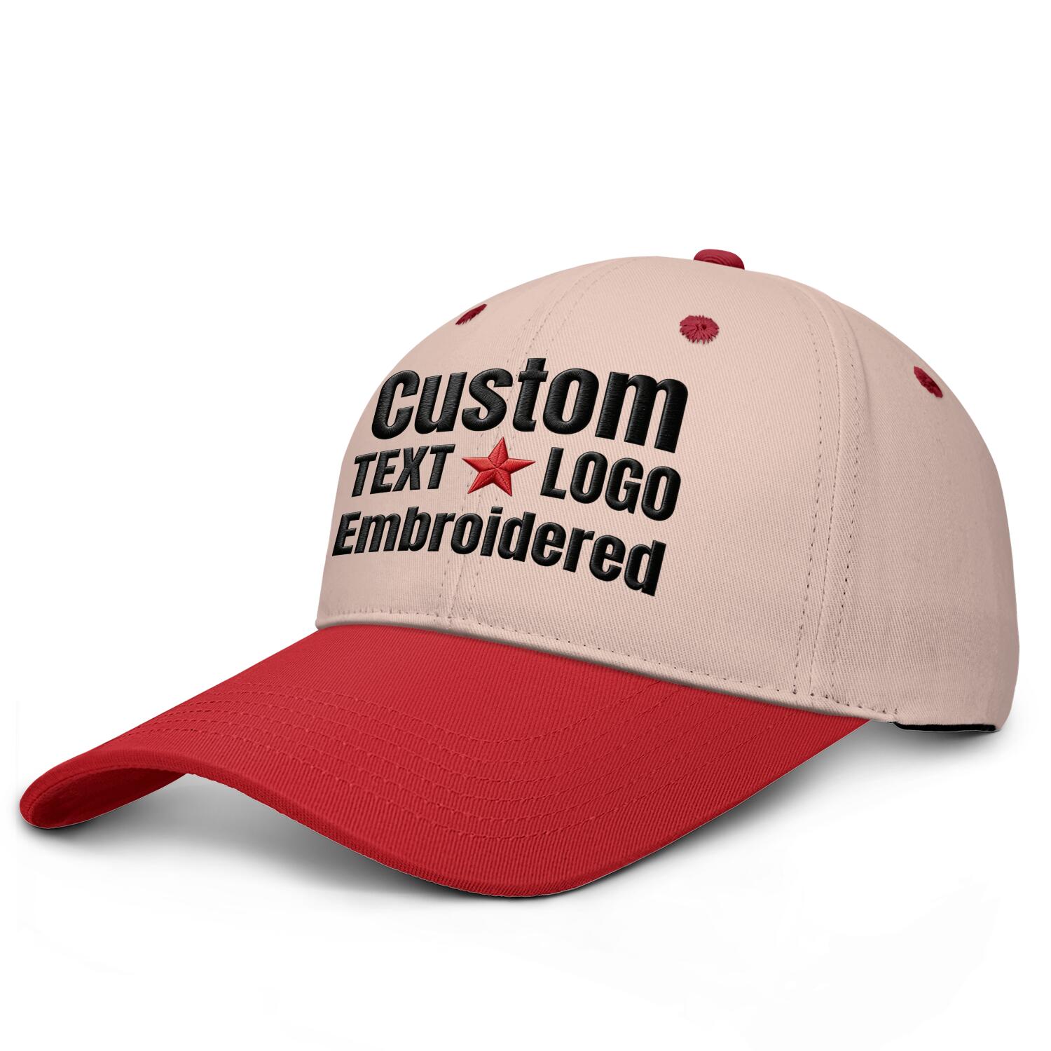 Custom embroidered or printed blush & red deep brim baseball cap by Vosoli | Personalized text & logo | Structured fit