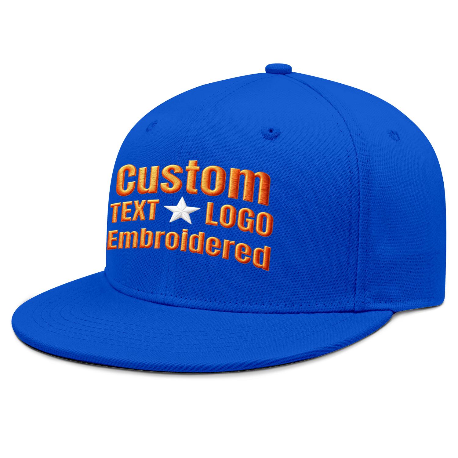 Custom embroidered or printed bright blue flat-brim cap by Vosoli | Personalized text & logo