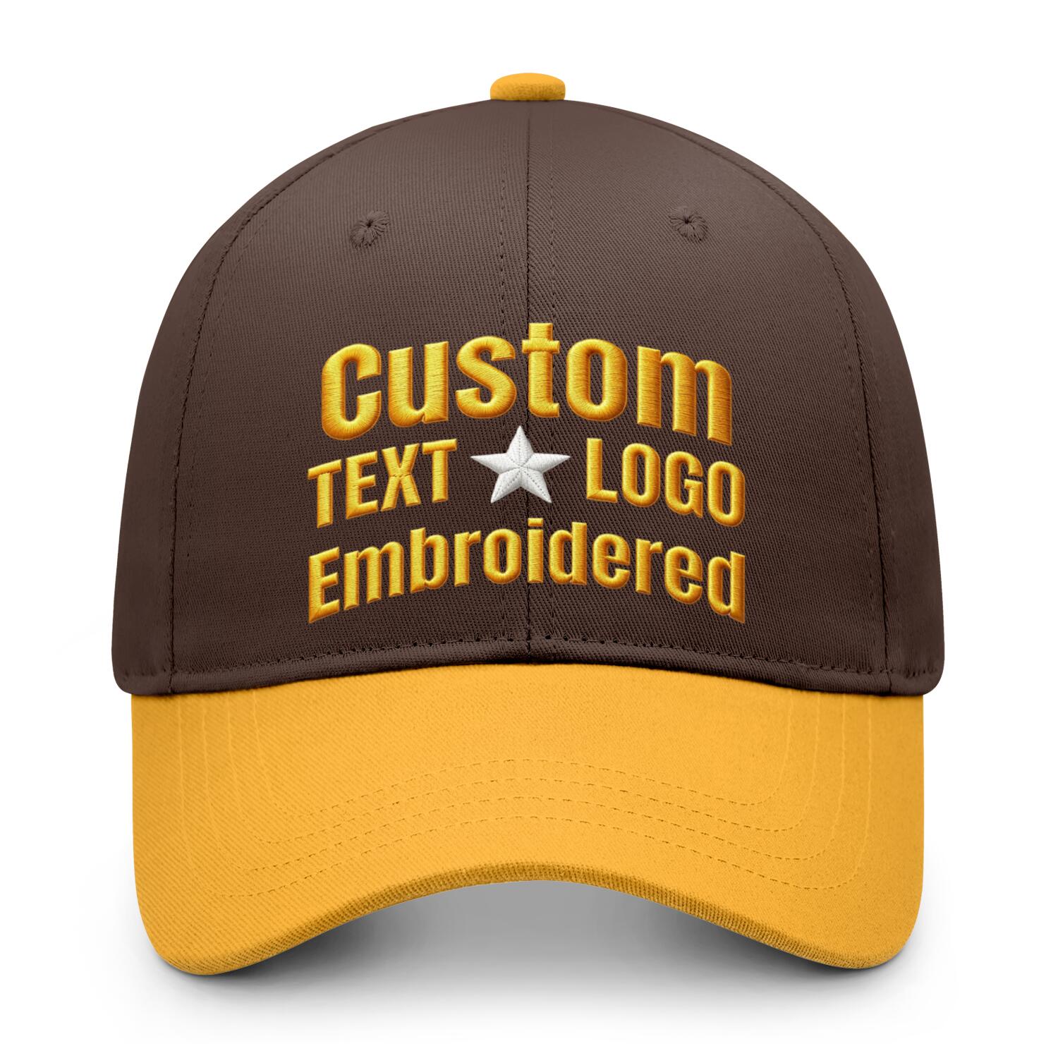 Custom embroidered or printed brown & gold color block baseball cap by Vosoli | Personalized text & logo | Structured fit