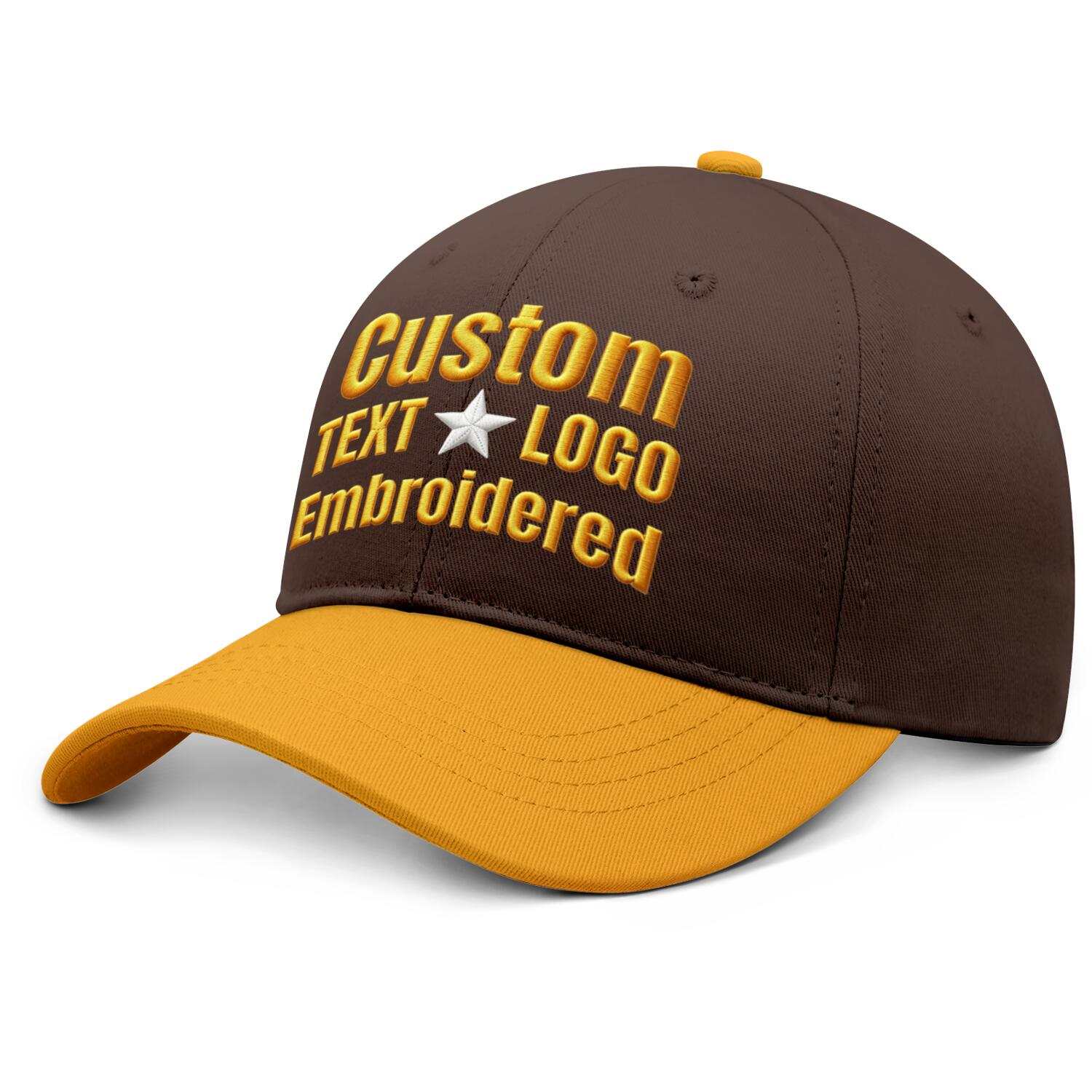 Custom Embroidered or Printed Brown & Gold Color Block Baseball Cap | Personalized Sport Hat