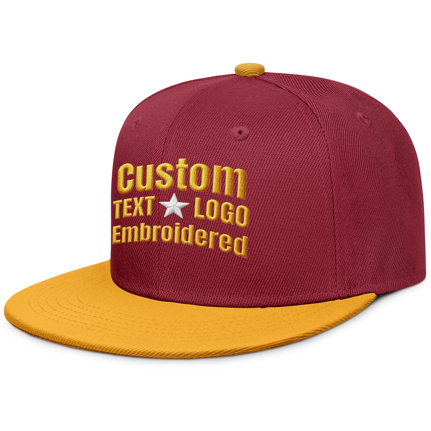 Custom embroidered or printed burgundy & gold color-block flat-brim cap by Vosoli | Personalized text & logo | Structured fit